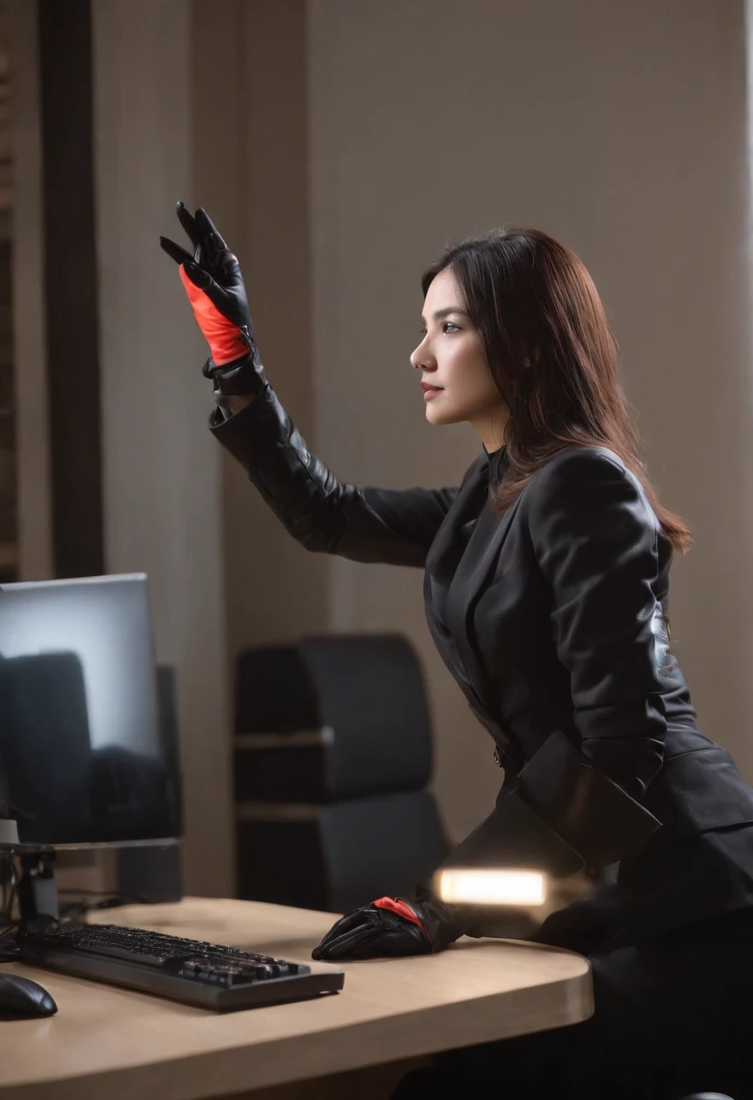 Wearing black leather gloves in both hands, upper body, black business suit, facing the desk in my room with a computer in the dark, tapping the keys of the computer keyboard with the fingertips of black leather gloves while looking at the screen, black hair bundled in the back for a long time, Japanese female new employee (black leather gloves cover both hands) (angle is in the front)