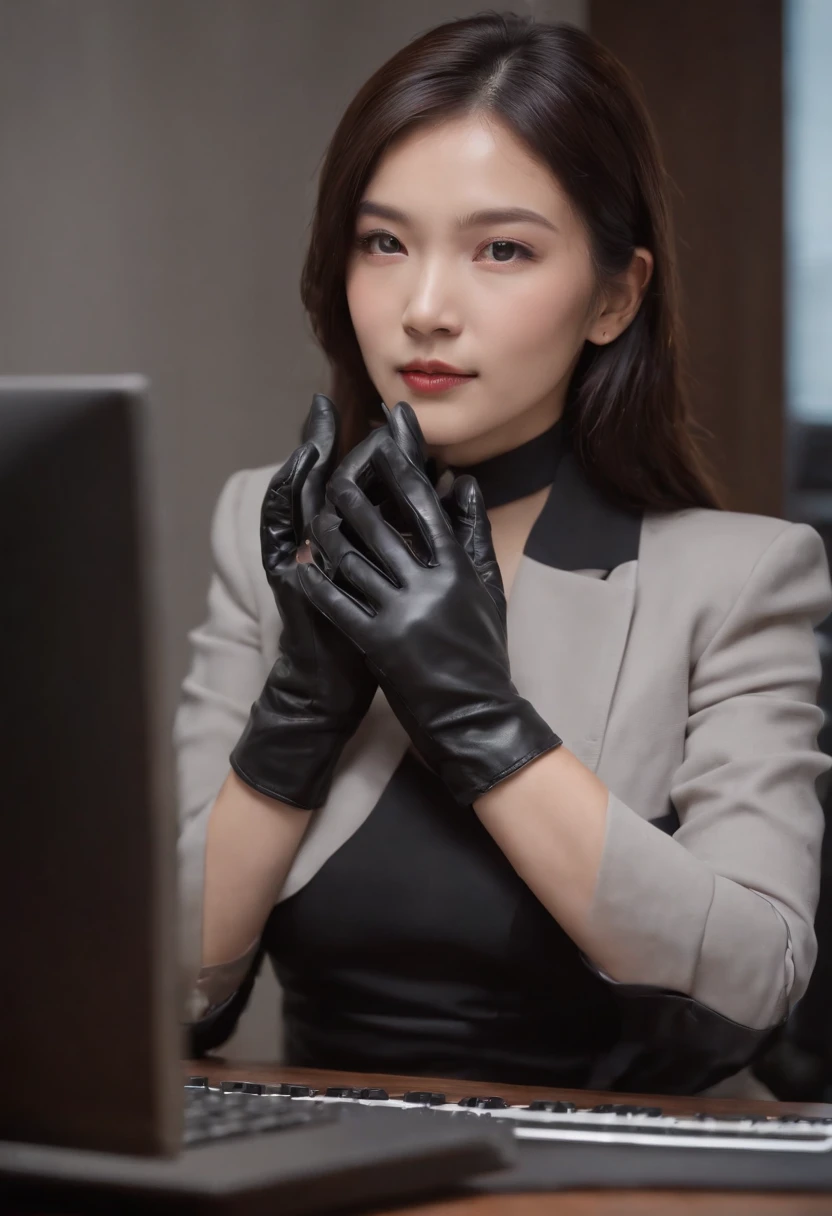 Wearing black leather gloves in both hands, upper body, black business suit, facing the desk in my room with a computer in the dark, tapping the keys of the computer keyboard with the fingertips of black leather gloves while looking at the screen, black hair bundled in the back for a long time, Japanese female new employee (black leather gloves cover both hands) (angle is in the front)