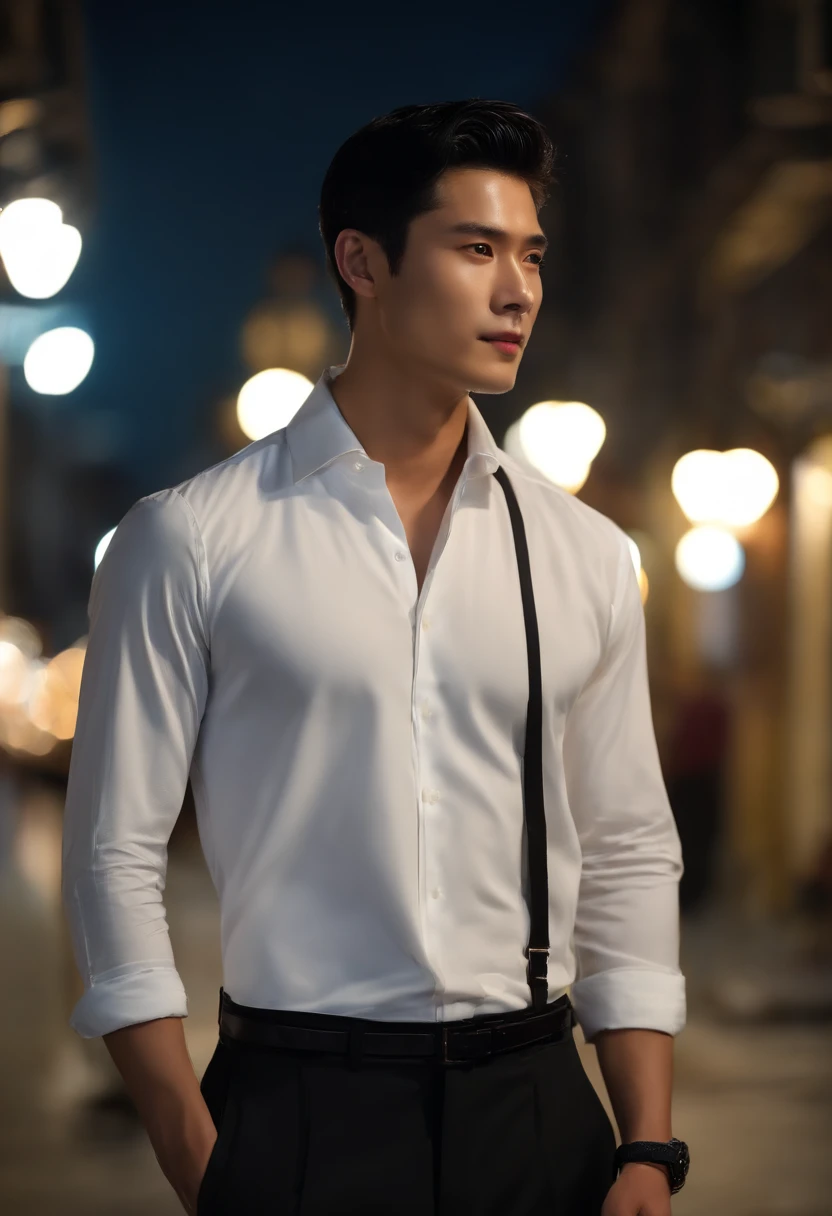 (Handsome men: 1.4), White shirt, Short black hair, Delicate face, Fair skin, formal outfit, ((On the street at night: 1.4)), Night, Deserted, nobody, 8 kg HD image, Masterpiece-level high-quality images,ryokan、Greet with a smile