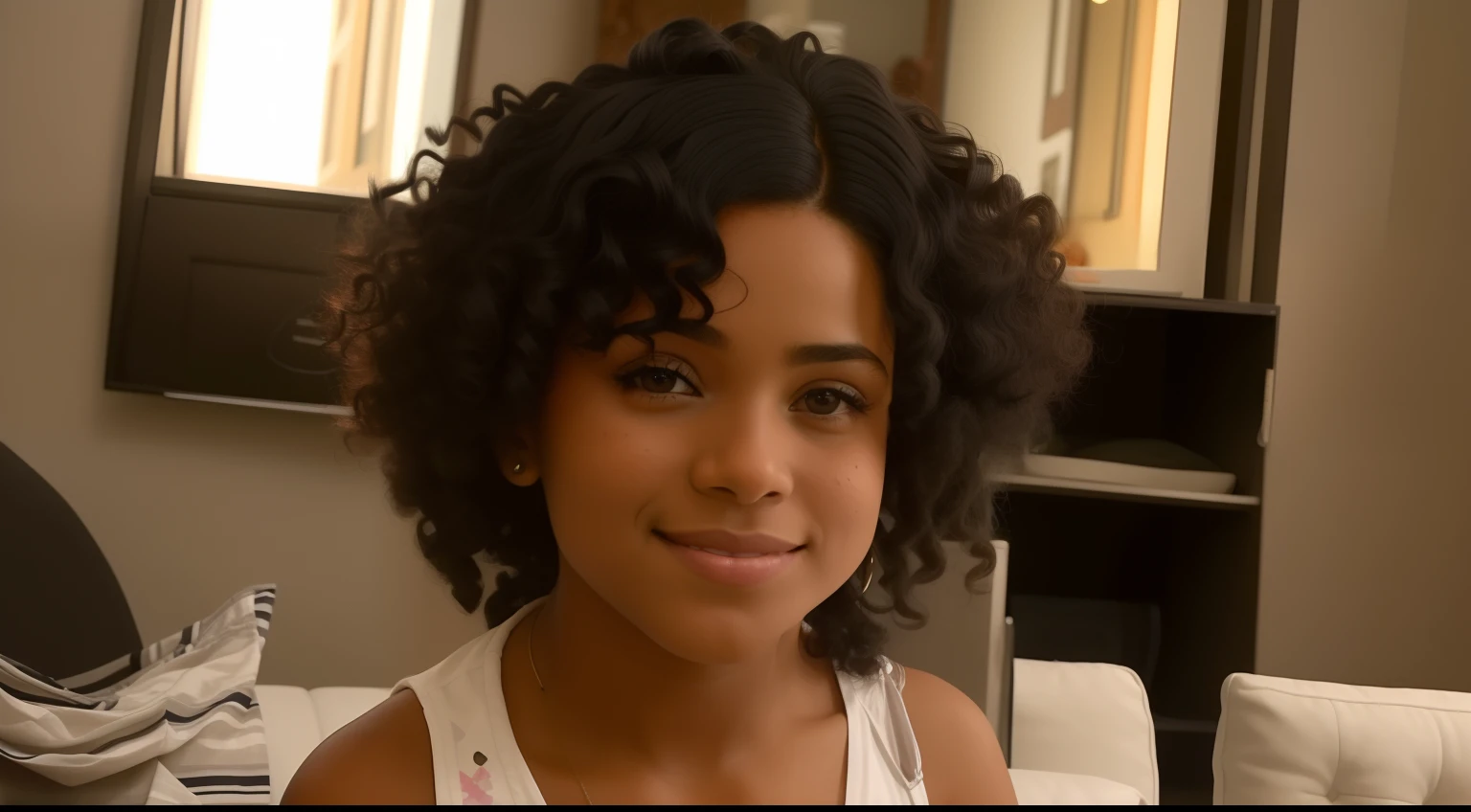 There's a young woman sitting on a couch with a plate of food, africana de pele clara, quatro anos, seu rosto emoldurado com cachos, afro encaracolado, cabelo encaracolado curto escuro sorrindo, Directed by: Nandor Soldier, Alanis Guillen, her black hair is a long curly, Violeta Myers, curly middle part haircut
