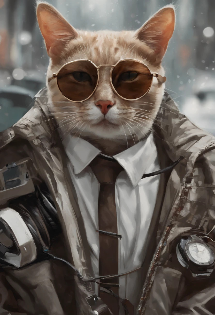 Perfect centralization, Um gatinho bonito por toda parte, Use uma jaqueta de estudante, wearing sunglasses, Usando fones de ouvido, Standing position, beleza abstrata, Centrado, looking at the camera, Facing the camera, nearing perfection, Dynamic, fora, altamente detalhado, Pintura digital, art stations, conceito-arte, liso, foco nítido, 8k, high-definition resolution, illustration, arte de Carne Griffiths e Wadim Kashin, fundo branco