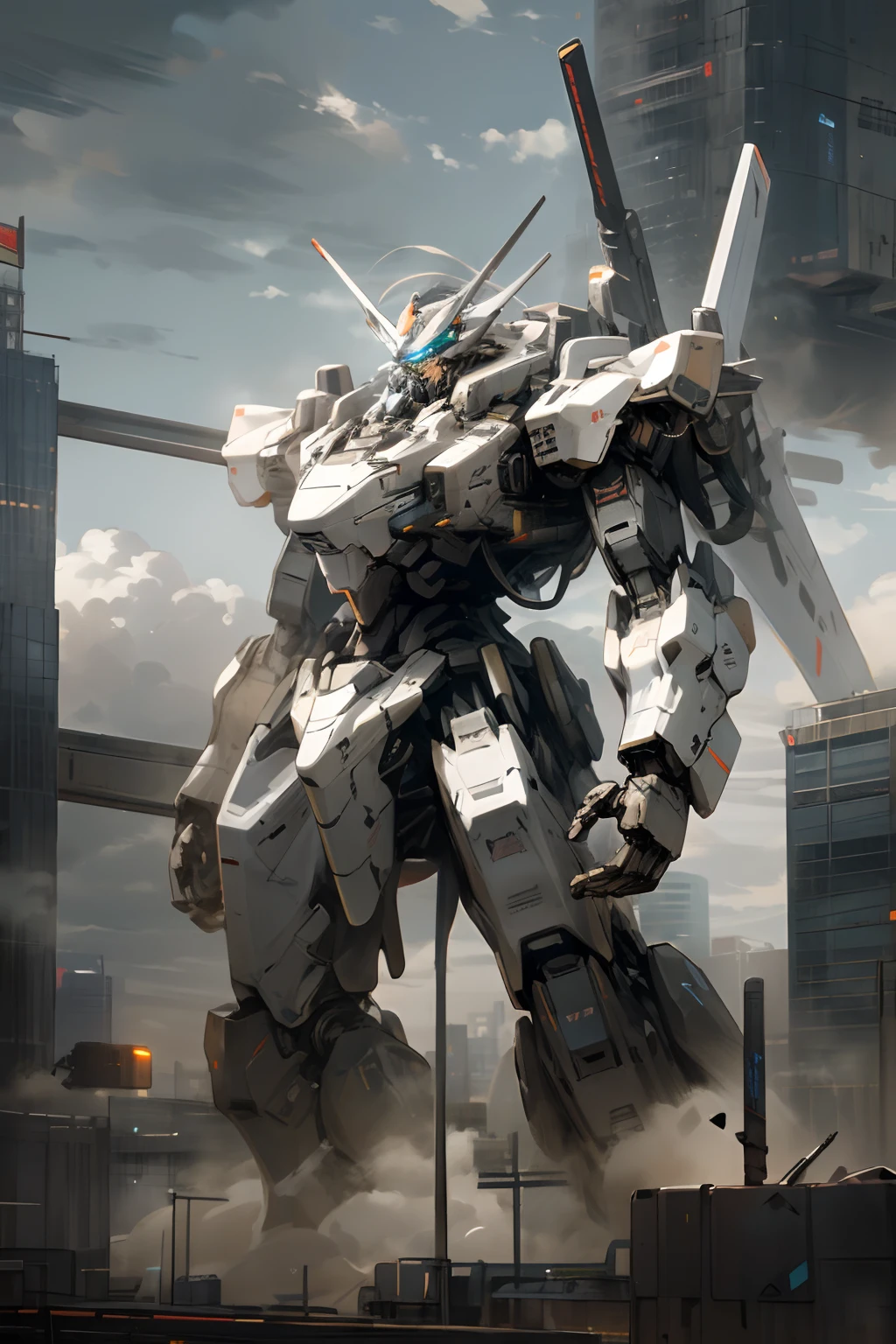 sky, cloud, holding_weapon, no_humans, glowing, , robot, building, glowing_eyes, mecha, science_fiction, city, realistic,mecha