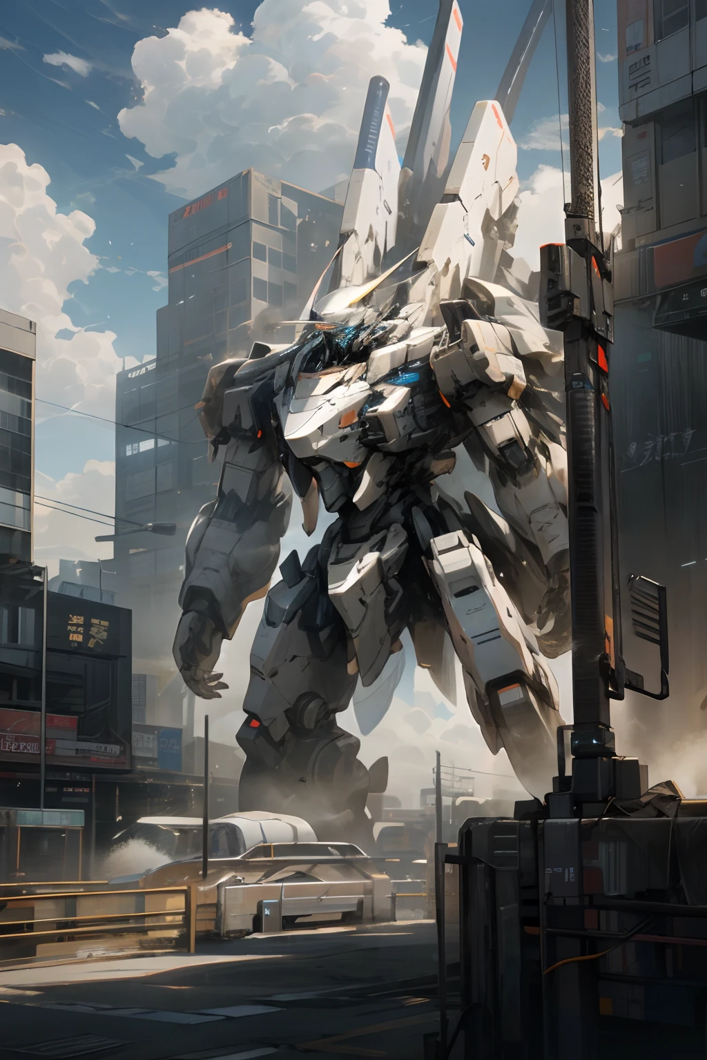 sky, cloud, holding_weapon, no_humans, glowing, , robot, building, glowing_eyes, mecha, science_fiction, city, realistic,mecha