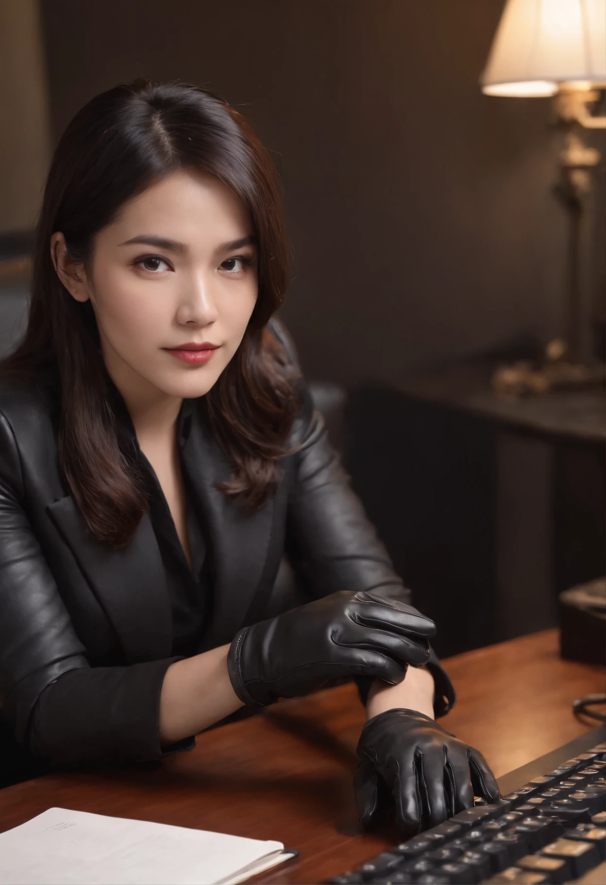 Wearing black leather gloves in both hands, upper body, black business suit, facing the desk in my room with a computer in the dark, tapping the keys of the computer keyboard with the fingertips of black leather gloves while looking at the screen, black hair bundled in the back for a long time, Japanese female new employee (black leather gloves cover both hands) (angle is in the front)