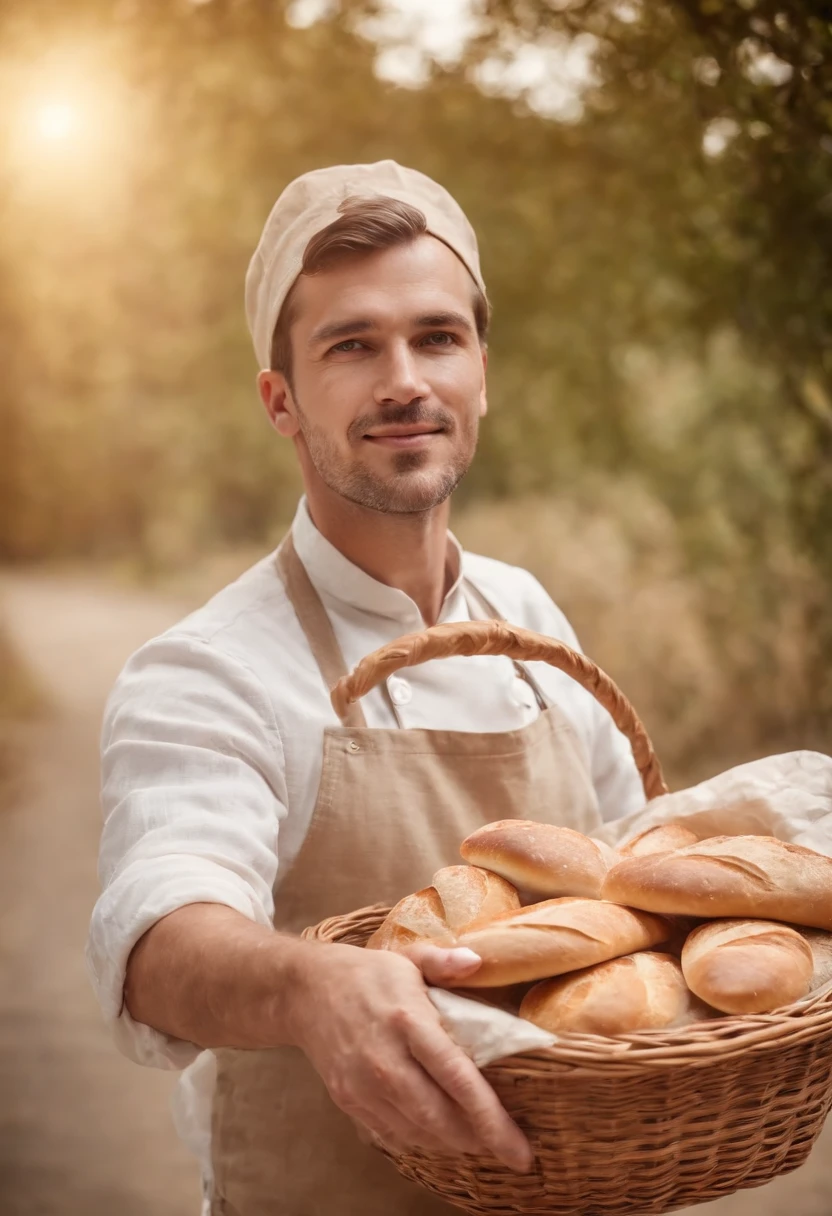 Baker man holding some bread in basket presenting something