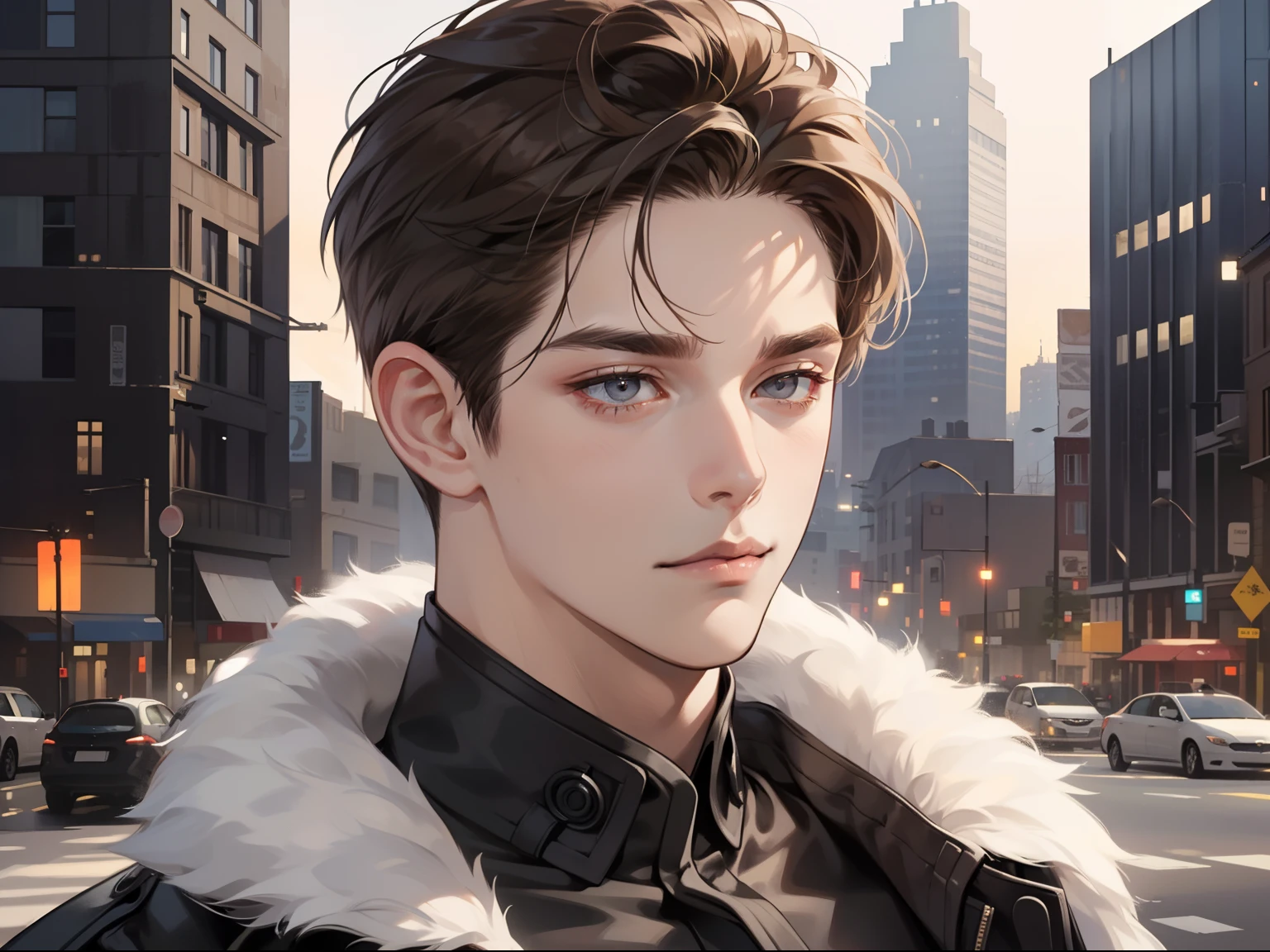 masterpiece, best quality, realistic, 1man, mature male, quiet and charming young man, 35 years old, close his eyes, serious, closed mouth, extremely detailed face, cold, ((dark grey eyes)), ((short-right-swept dark brown hair)), [thick eyebrows], ((hunter)), accurate, detailed, ((city))