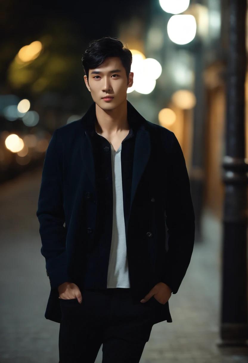(Handsome men: 1.4), Short black hair, Delicate face, Fair skin, casual outfit, ((On the street at night: 1.4)), Night, Deserted, nobody, 8 kg HD image, Masterpiece-level high-quality images,ryokan、Greet with a smile