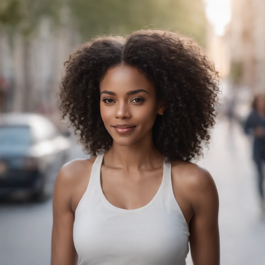 1 black woman, realistic photo, detailed face, empty street, very high detail, curly hair, depth of field, black hair, , full body, pubic hair, smiling.