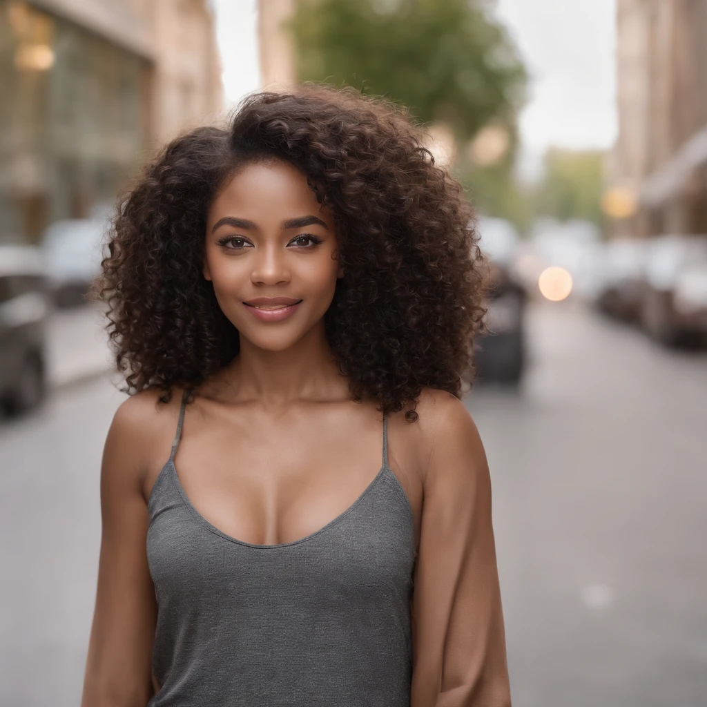 1 black woman, realistic photo, detailed face, empty street, very high detail, curly hair, depth of field, black hair, , full body, pubic hair, smiling.