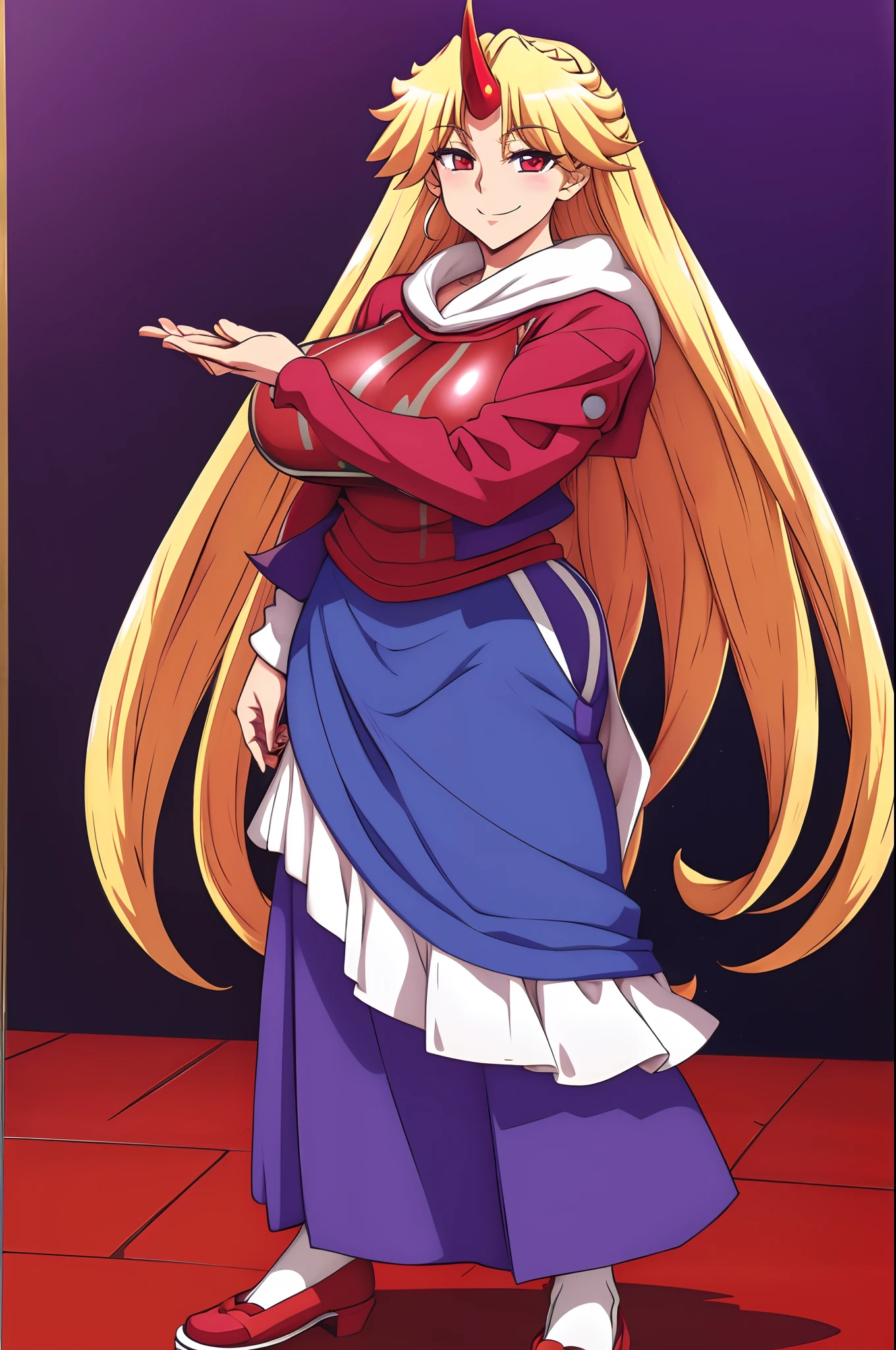 hoshiguma yuugi, big breast, large skirt, traditional german clothing, bloon hair, red eyes, single horn,oni, closed pullover,long skirt,full body, standing, smile