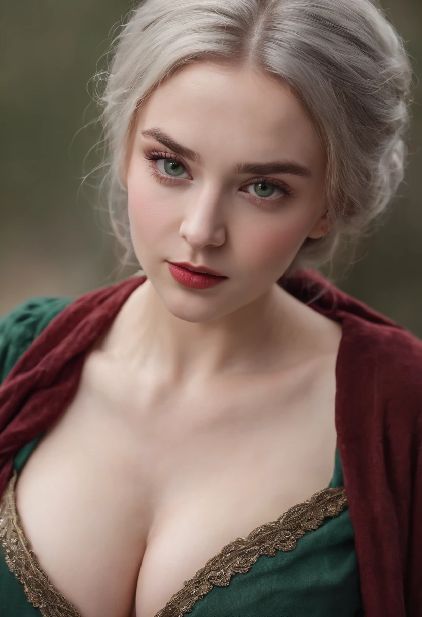 (((A deep reddish scar runs across her left cheek))) light skinned, Women around 19 years old, Natural gray hair, Distinctive green eyes, Wearing Cole, slender and graceful,, Beautiful, Candlelight in medieval atmosphere, Ultra Sharp Focus, realistic shot, Women's clothing in the Middle Ages, Tetradic color (Scar:1.4)、((huge tit:1.7))