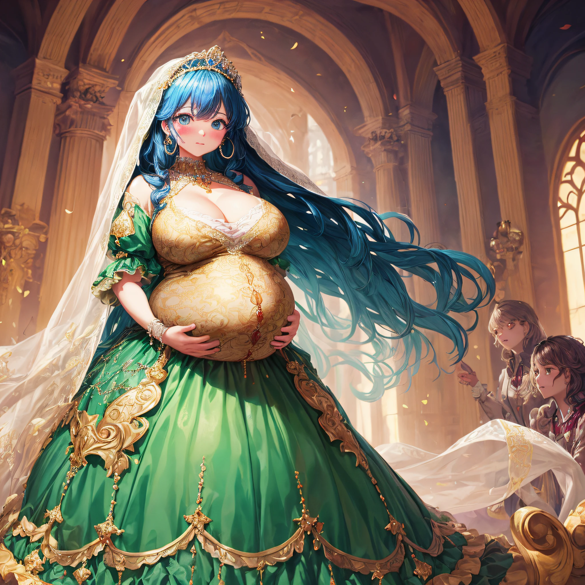 (masterpiece, best quality,extremely detailed:1.1),(moe anime art style:1.2),1girl,((full body,focus face)),((solo)), cute, kawaii,digital art,((1 bling-bling pregnant princess wearing beautiful embroidery and jeweled gorgeous rococo ballgown with jeweled voluminous full length hoop skirt)),(((heavily pregnant))),very big pregnant belly,((crinoline)),long train,voluminous frills,See-through,(gorgeous embroidery and beautiful lace),((very gigantic boobs,skindentation)),cleavage,shiny hair,(((very long hair))),((embarrassed)),anguish,((finely detailed face and eyes)),clear pupil,extremely gorgeousfull hair ornament,(bling-bling jeweled extremely gorgeousfull tiara),(bling-bling gorgeous gemstone jewelry),long veil,beautiful background,fantasy background,flowers,flower petals flowing,full body,((beautiful embroidery and jeweled ruffled gorgeous rococo ballgown with voluminous full length hoop skirt))