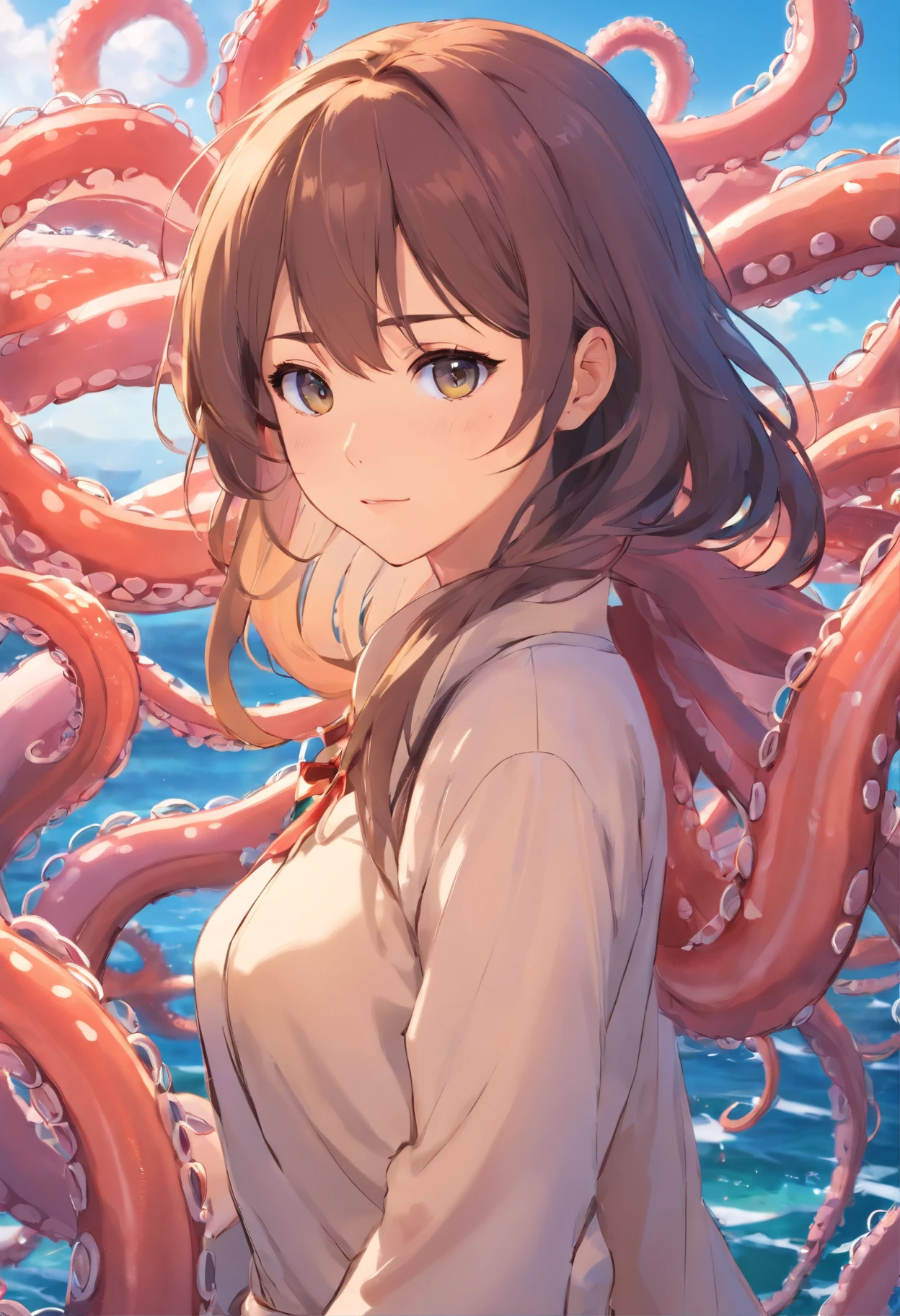 [RPG，game cg，tmasterpiece，Best quality，cinematic Film still from，HD animation，Realistic style，Amazing，Dark feeling，1 A woman with a faint smile，extreme eye detail，The ultimate semi-long hair detail，23years old，Solo，(Perfect for women's upper body:0.8)，(Wear European medival open robe:0.9)，(Bigboobs:0.7)::0.8]，[standing at(A large group of smooth tentacles:1.0)in front，Smooth spotted tentacles，Densely large tentacles，(There are dense clusters of small tentacles on the tentacles:0.8)::0.7]