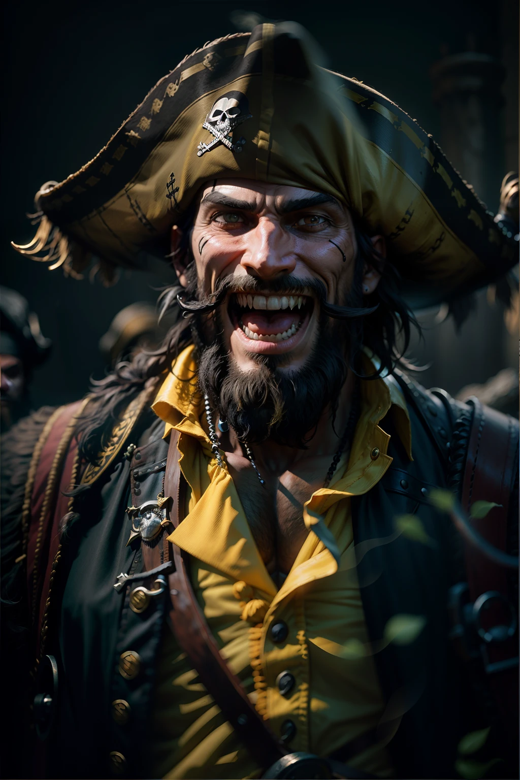 Blackbeard pirate, with yellow smile, evil laugh, professional color grading, soft shadow, no contrast, sharp and clean, focus, film photography