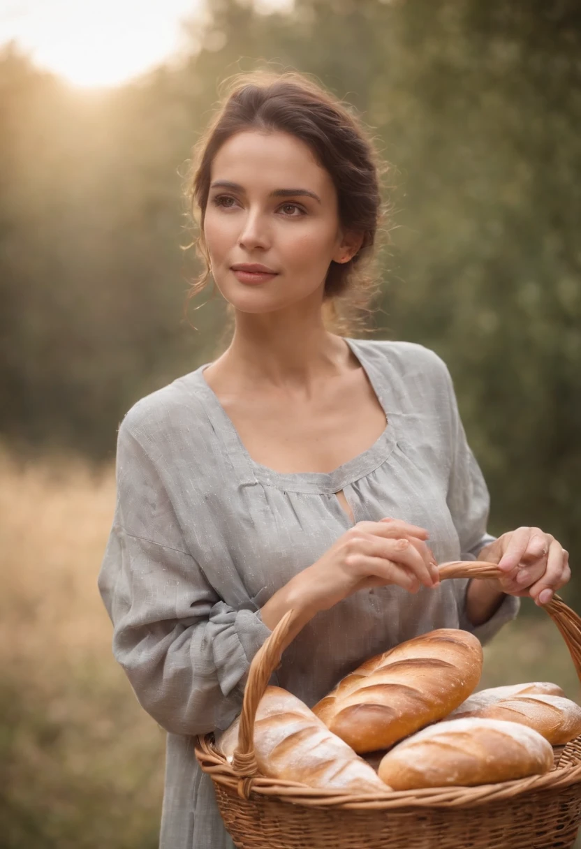 Mulher padeira, holding some bread in the basket presenting something