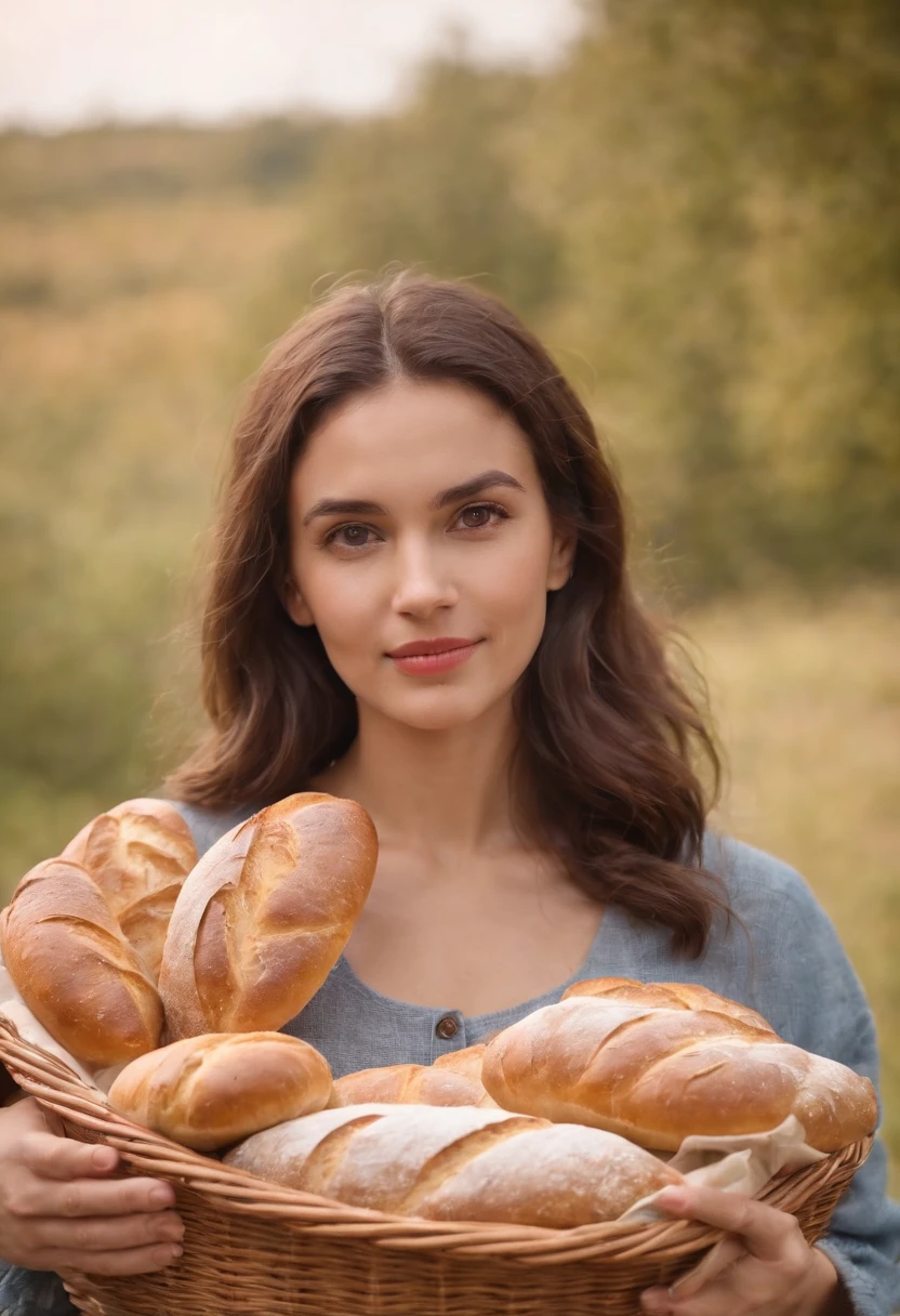 Mulher padeira, holding some bread in the basket presenting something