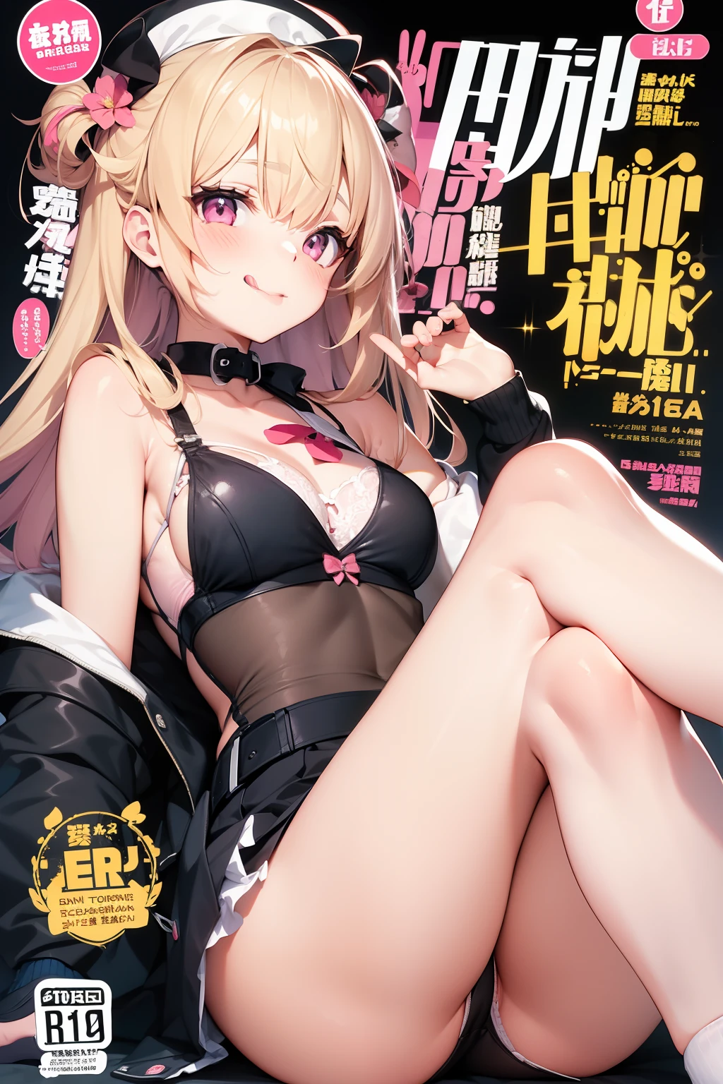White and pink bra、put out the tongue、tongue、knee high socks