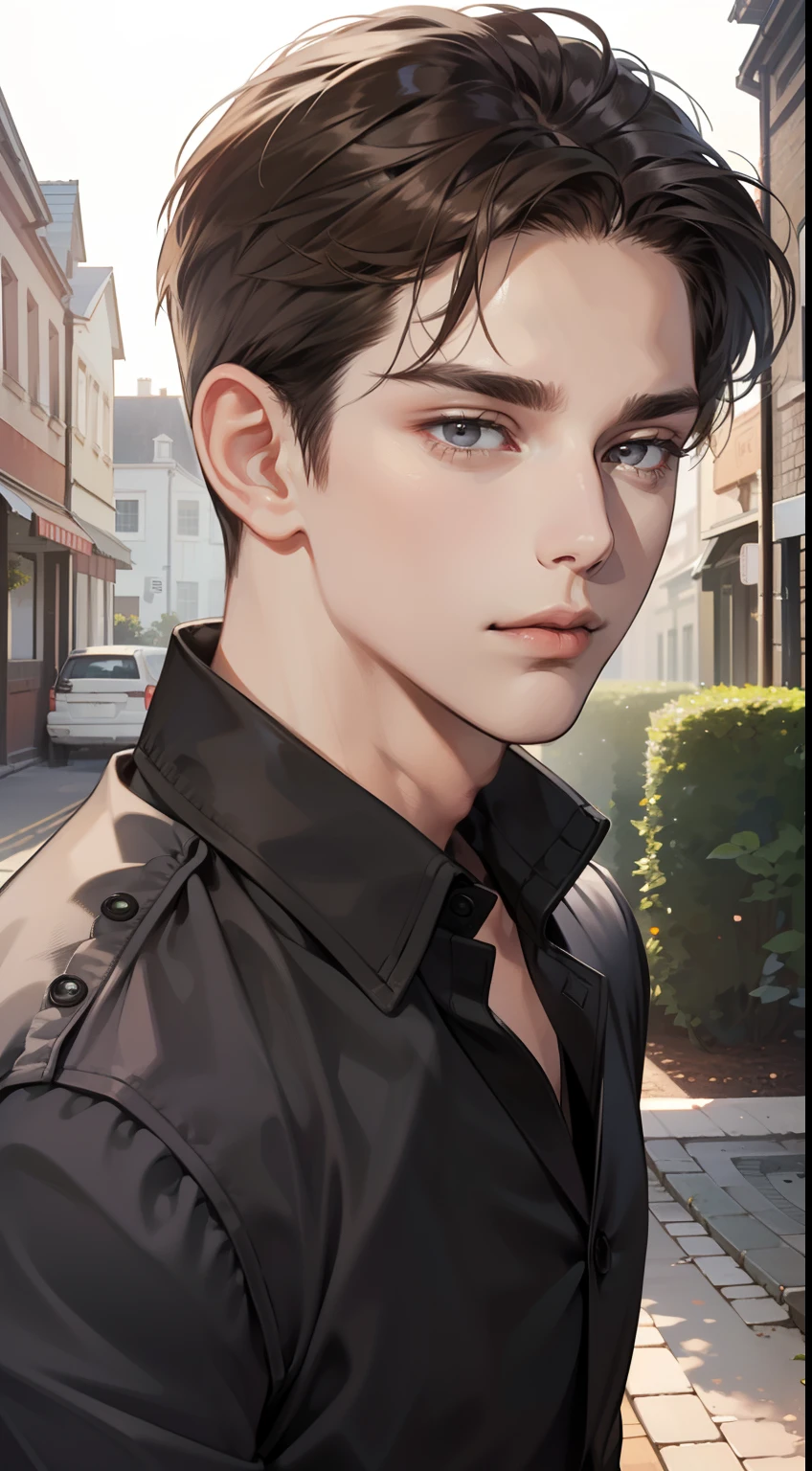 masterpiece, best quality, realistic, 1man, mature male, quiet and charming young man, 35 years old, close his eyes, serious, closed mouth, extremely detailed face, cold, ((dark grey eyes)), ((short-right-swept dark brown hair)), [thick eyebrows], ((hunter)), accurate, detailed, ((town))