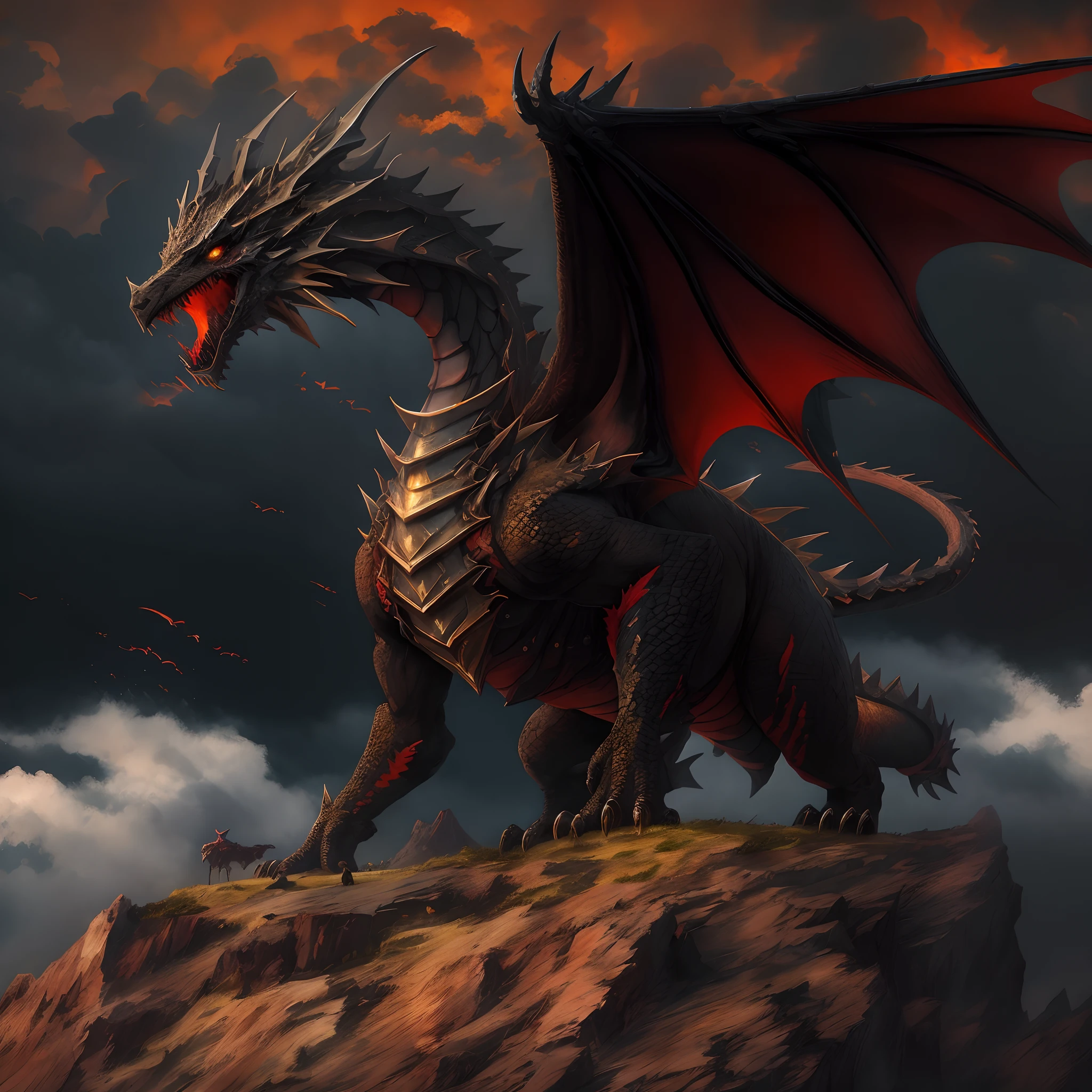 best quality,4k,8k,Altas,master part:1.2,ultra-detalhado,Realistic:1.37,Dragoned,black and golden dragon,montanha,black and red sky,fantasia,illustration,Escalas detalhadas,Garras afiadas,olhos de fogo,menacingly,mytical creature,asas grandes,steep cliffs,atmosfera sinistra,vivid colors,raios de sol,epic scenery,dramatic lighting,Contraste,sombra e destaques,detalhes dourados brilhantes,dynamic pose,regal presence,Inspirador,paisagem altamente detalhada,feroz,comportamento imponente,majestoso
