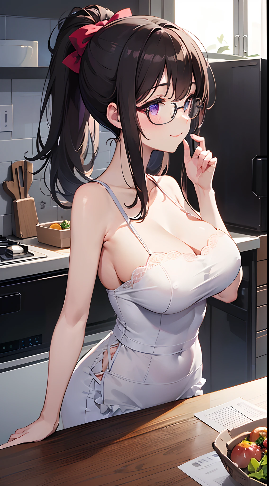 ((masterpiece)), ((best quality)), (ultra-detailed), ((kawaii)), cute, (lovely), ((sexy)), (ero), ((extremely detailed)), 4K, (8K), best quality, (beautiful), anime style, upper body, face in profile, focus on the face, full body focus, in the room, ((kitchen)), a cute girl, 1girl, solo, one-piece dress, beautiful dark brown hair, beautiful purple eyes, ((beautiful eyes)), white-skinned, ponytail, transparent hair, translucent hair, large breast, glasses, ribon, smile, light smile