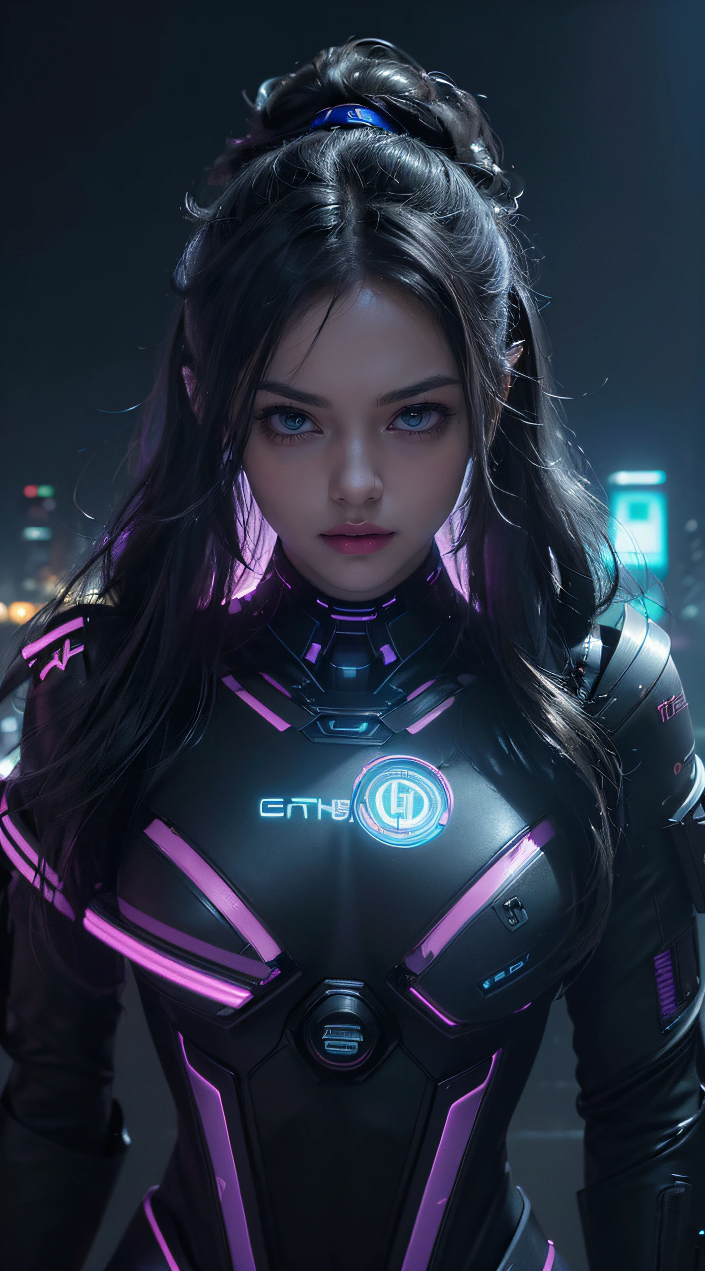 ((Portrait:1.2)) Best image quality, Masterpiece, Ultra-high resolution, (Fidelity:1.4), Photo,  Movie, ((cyber punk personage)), Preteen fairy goth robot, Mila Kunis, black wavy hair with blue and purple neon lighting, cyber outfit, Futuristic, ((Award-winning ultra-realistic photos))，(Hyper-detailing），(Complicated details），(High resolution CGI artwork 8k), a girl in Cyberpunk city, Futuristic style, There are many colours and LED light, depth of field, create depth with atmospheric lighting, wide wide shot, use atmospheric and volumetric lighting to enhance cityscape detail, illuminated by neon lights, Dark Black background, Colourful, vibrant