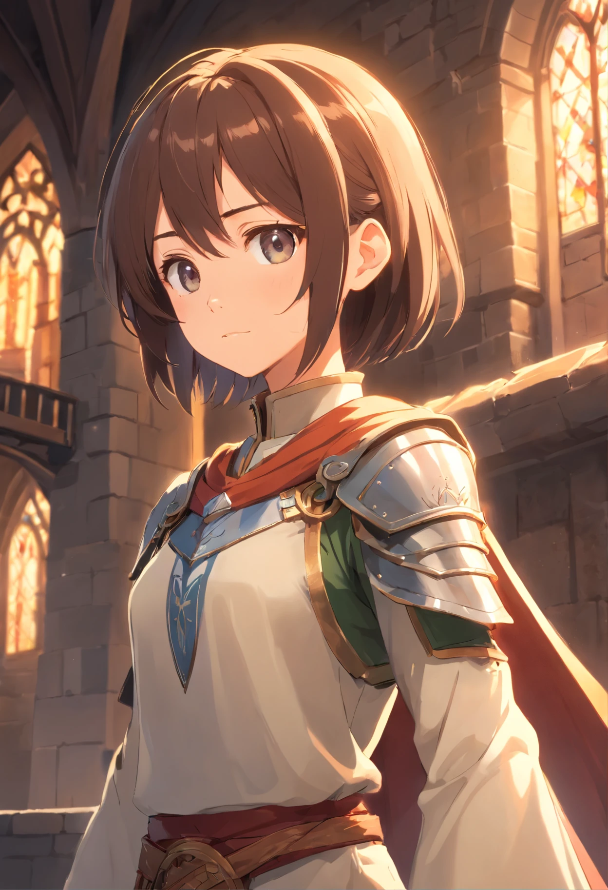 [tmasterpiece，Best quality，cinematic Film still from，HD animation，Realistic style，Amazing，Dark feeling，1 Loli girl with a faint smile，extreme eye detail，extreme hair detail， old，Solo，(The upper part of the body:0.8)，(Wear armor that exposes the chest and shoulders:0.9)::0.8]，[Stand inside a medieval castle in Europe::0.7]