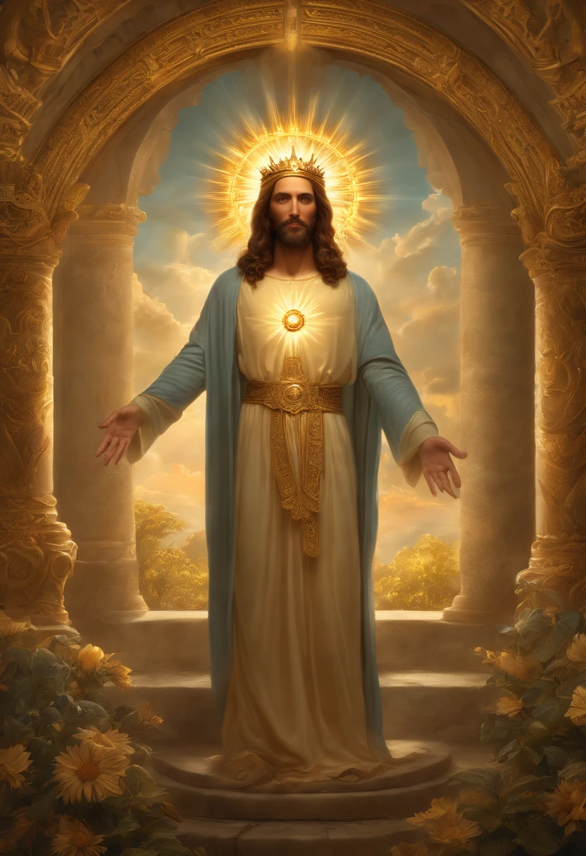 highly detailed portrait of a jesus christ sun god halo of light, gold, unreal engine, art by mark ryden, lostfish, earl norem, global illumination, god rays, detailed and intricate environment, elden ring style