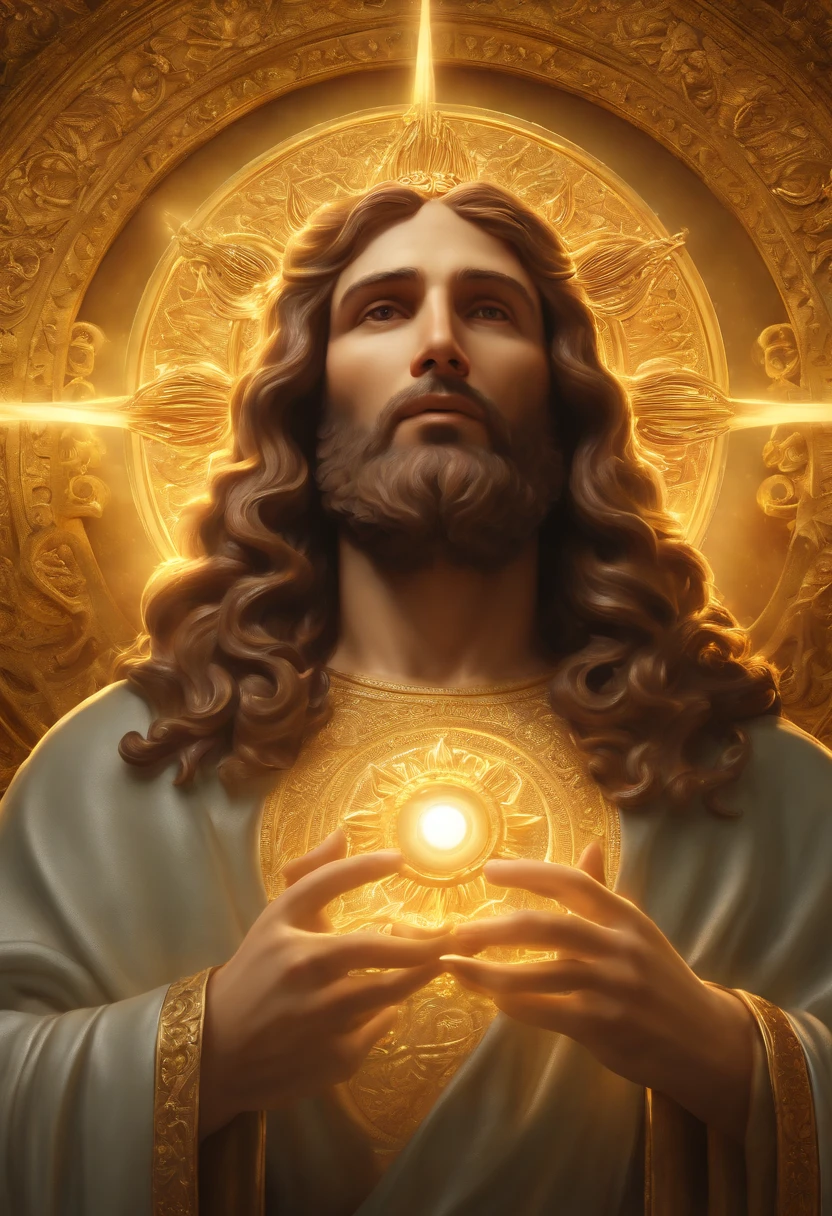 highly detailed portrait of a jesus christ sun god halo of light, gold, unreal engine, art by mark ryden, lostfish, earl norem, global illumination, god rays, detailed and intricate environment, elden ring style