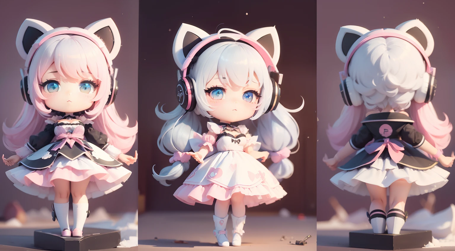 masterpiece, bestquality, lots of details, (Full body:1.2), chibi, 1 cat girl, White Hair, magic suit, Light headphones, 3D rendering, Q typing style