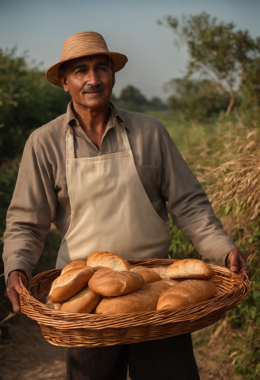 Baker man holding some bread in basket presenting something