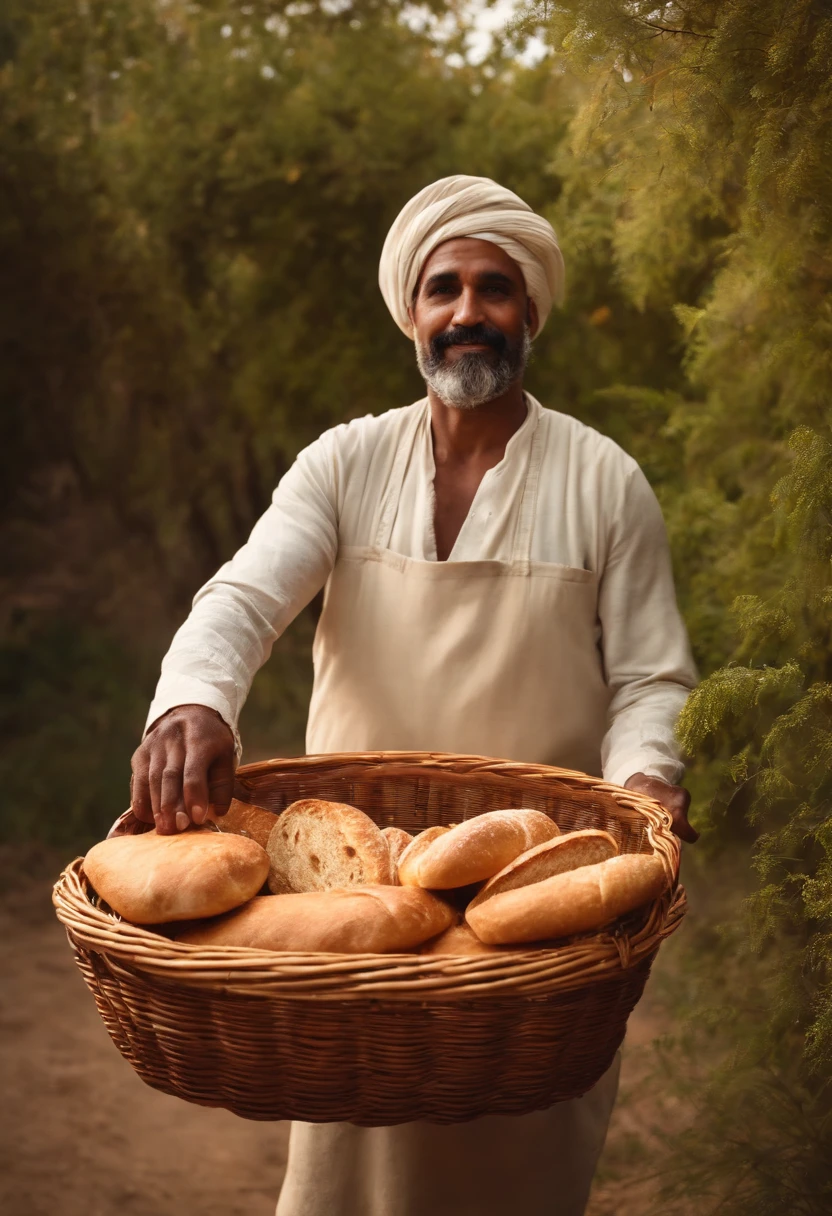 Baker man holding some bread in basket presenting something