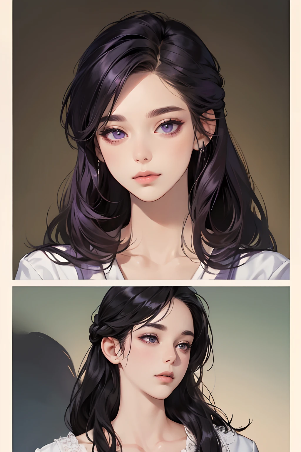 masterpiece, best quality, realistic, 1woman, mature female, beautiful, 25 years old, close his eyes, shy, closed mouth, extremely detailed face, ((dark purple eyes)), ((Black front bang long hair with French twist)), [thin eyebrows], accurate, detailed. hunter