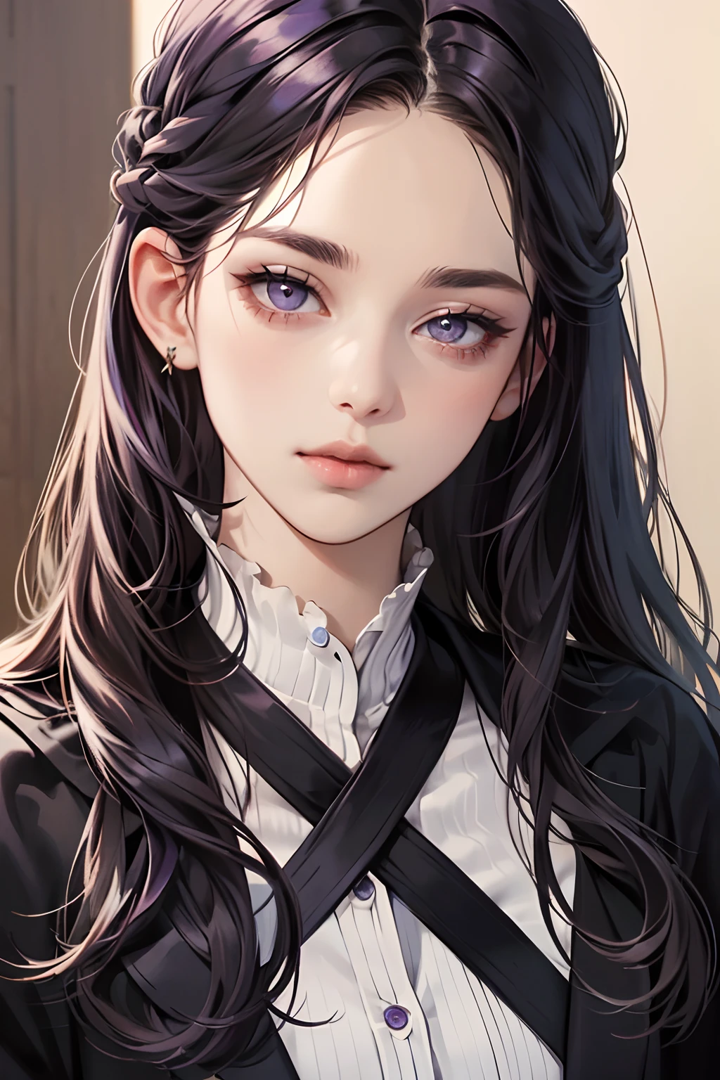 masterpiece, best quality, realistic, 1woman, mature female, beautiful, 25 years old, close his eyes, shy, closed mouth, extremely detailed face, ((dark purple eyes)), ((Black front bang long hair with French twist)), [thin eyebrows], accurate, detailed. hunter
