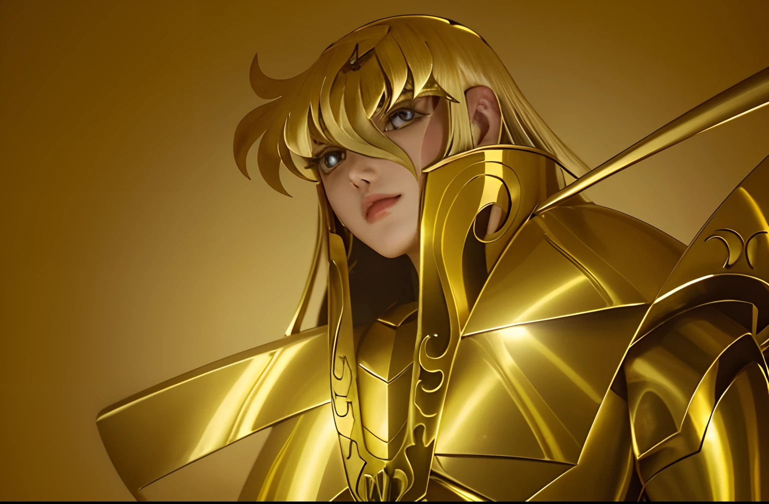 um close up de uma pessoa com uma roupa amarela com uma espada, knights of zodiac girl, portrait knights of zodiac girl, O Marinheiro Galaxia. Beautiful, Saint Seiya, usando armadura dourada, usando armadura dourada, Gilgamesh, armadura de ouro elegante, armadura de ouro claro, A Deusa Hera parecendo irritada, Armadura Dourada, armadura de ouro, Deu, armadura dourada vestindo