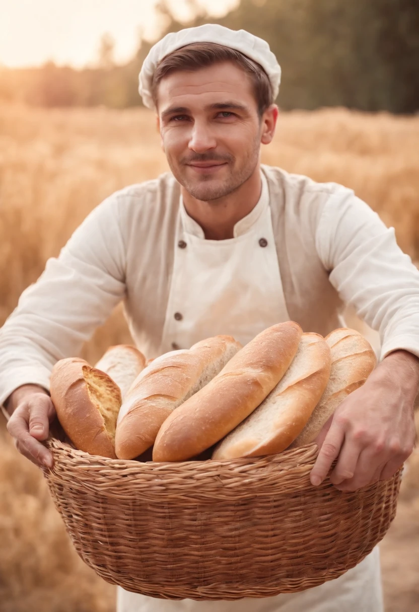 Baker man holding some bread in basket presenting something