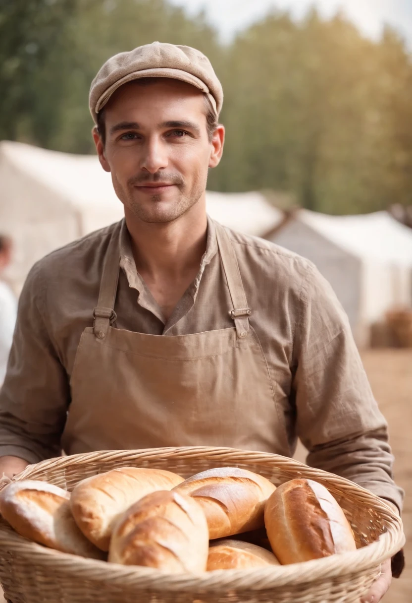 Baker man holding some bread in basket presenting something