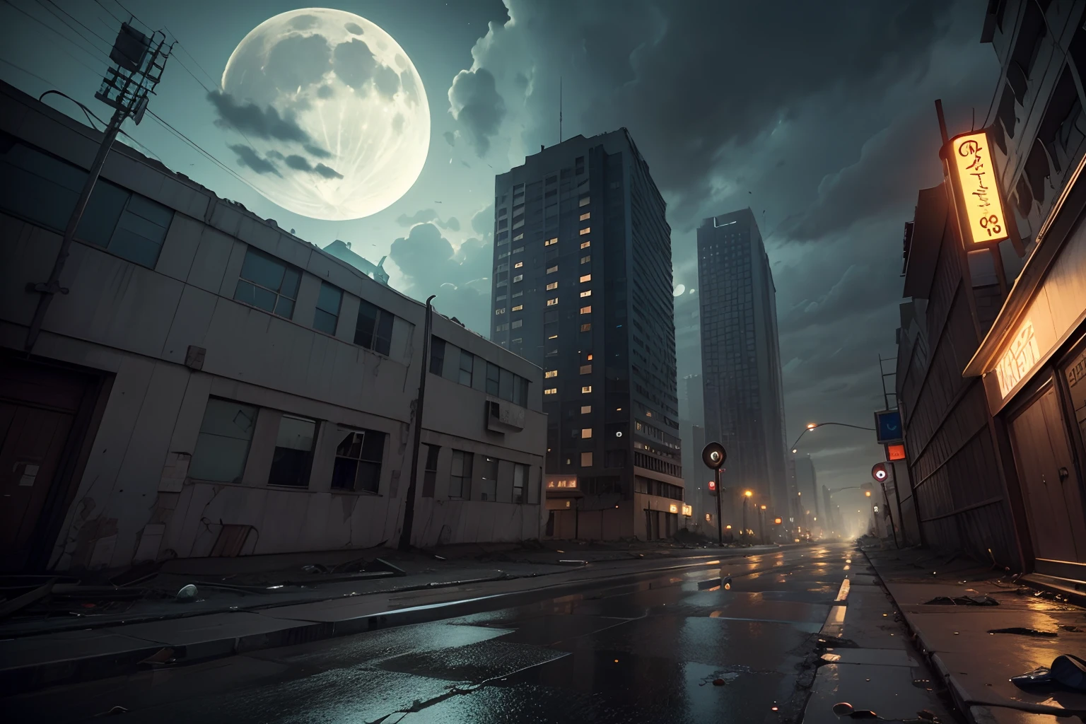 abandoned city, street level view, cloudy, moon, zombies all over, best quality, intricate details