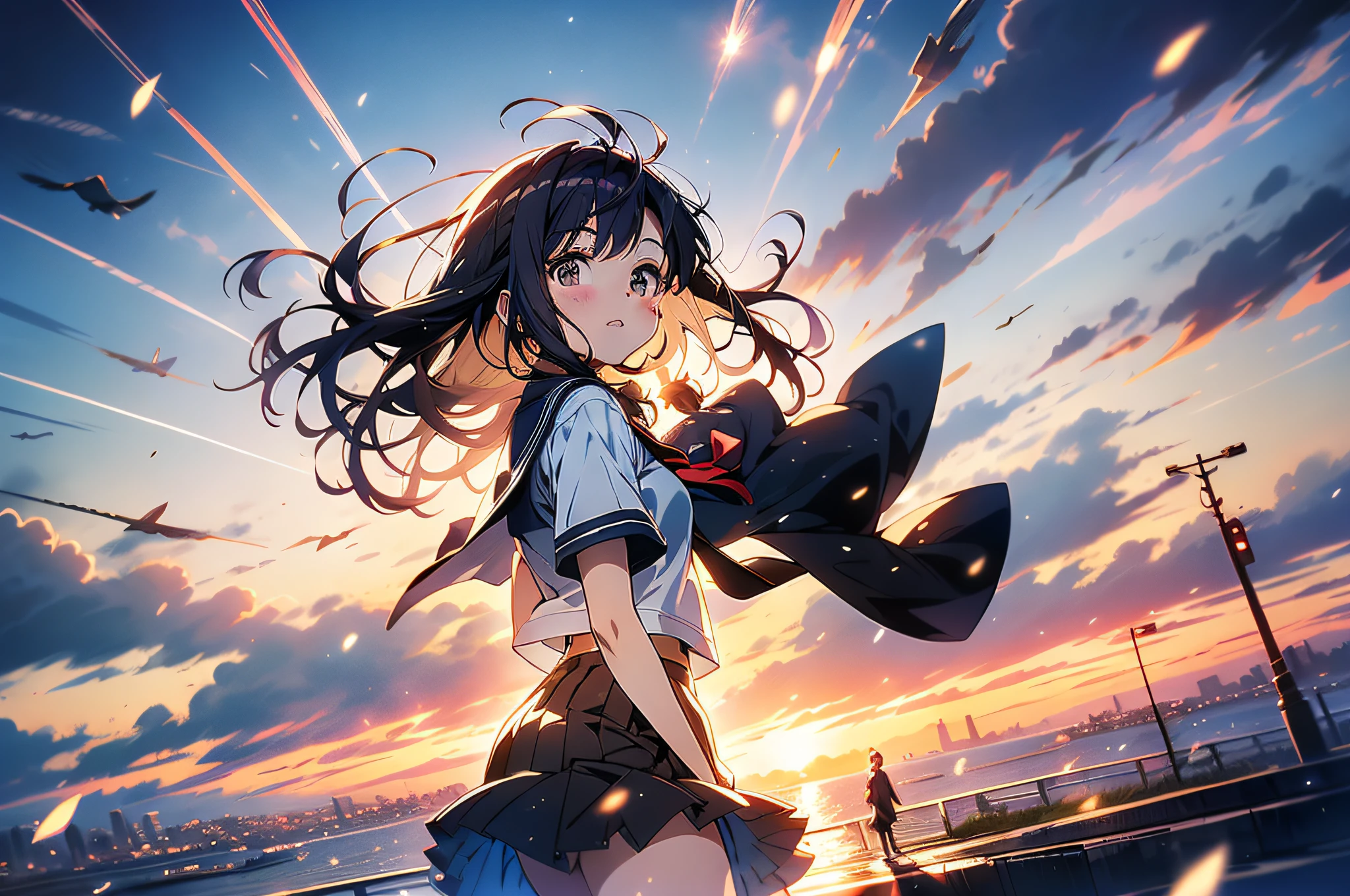 in 8K、top-quality、masterpiece、ultra-detailliert、Ultra-high resolution、(((Anime style)))、1 High School Girl、校服、School route、heavy wind、Check skirt、Skirt flipping in the wind、Skirt suppressed、Impatient、low angles