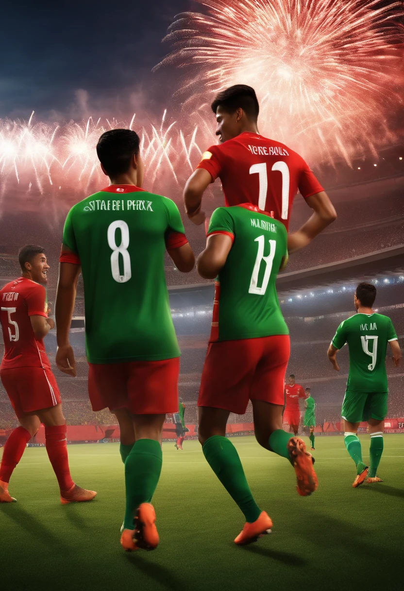 (realistic:1.37), Myanmar national football team celebrating after scoring a winning goal at the FIFA World Cup 2023, (vivid colors), passionate fans cheering in the stadium, (highres), players' sweat glistening under the stadium lights, (ultra-detailed), players wearing the red and green national team jerseys, (professional) referee making a fair decision, (bokeh) fireworks illuminating the sky, (HDR) the vibrant atmosphere in the stadium, (sharp focus) the intense expression on the players' faces, (physically-based rendering) realistic grass field, (best quality,4k,8k,masterpiece:1.2) every detail captured in the artwork.