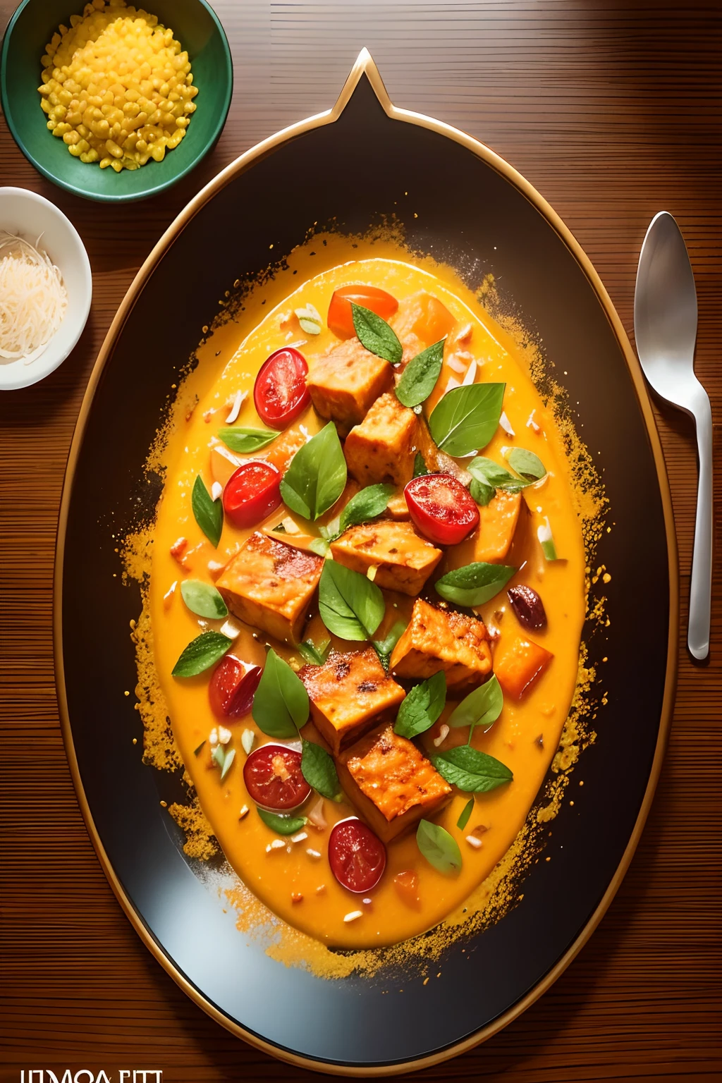 Plano de fundo: Um tema tropical vibrante com cores como verde profundo, amarelo dourado e vermelho rico para evocar os sabores do Sri Lanka.
Imagens: A beautiful image of a Sri Lankan dish as the centerpiece, talvez um prato de curry com arroz.
Fontes: Choose a readable font, mas elegante, for the title and subtitle, with an exotic touch to reflect the origin of the cuisine.
Elementos Adicionais: Incorporate some traditional Sri Lankan design motifs or patterns to enhance the cover design