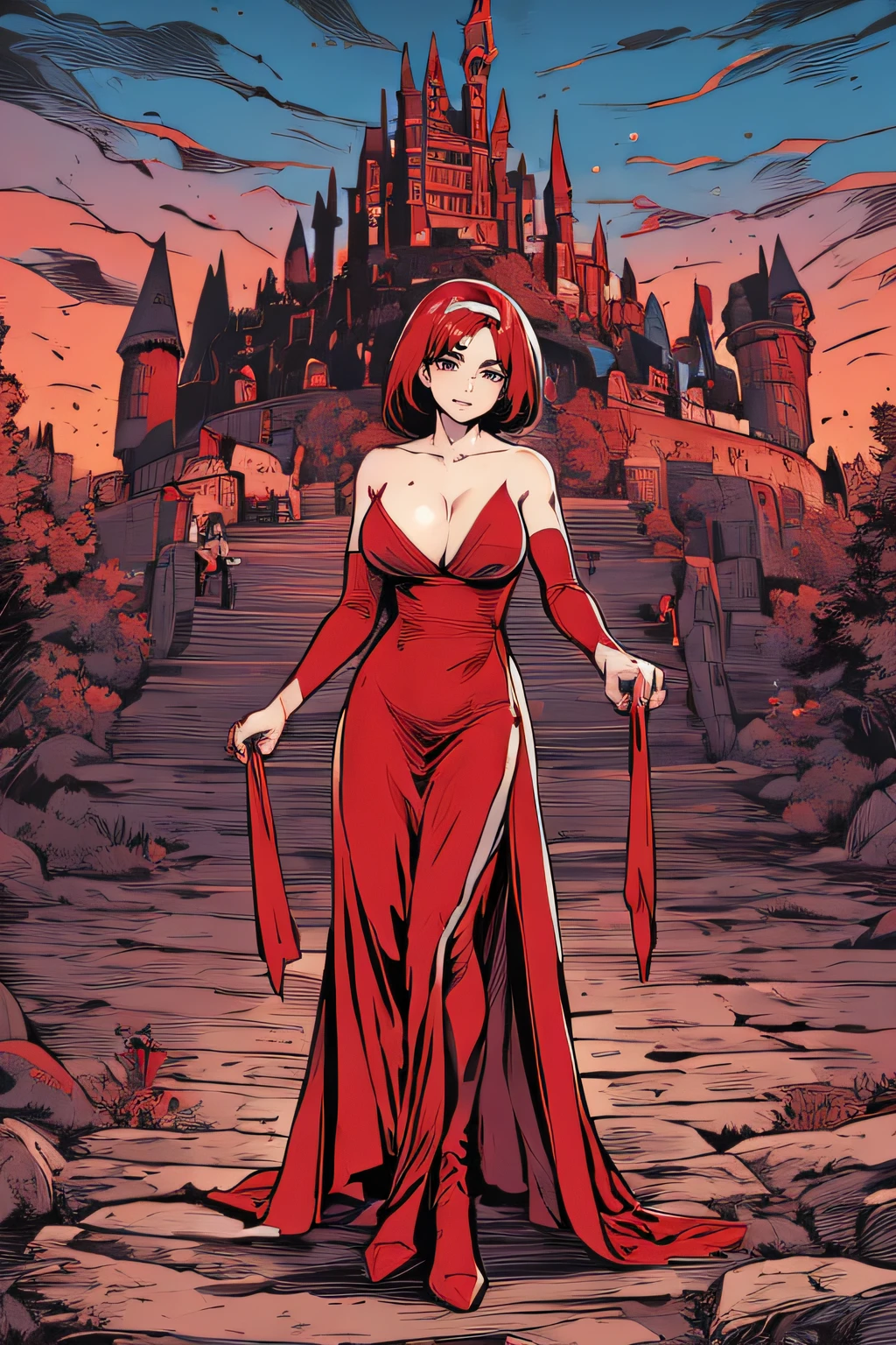 Naked cute woman、red outfit、diadems、erotick、tits out、wounds、castle in background