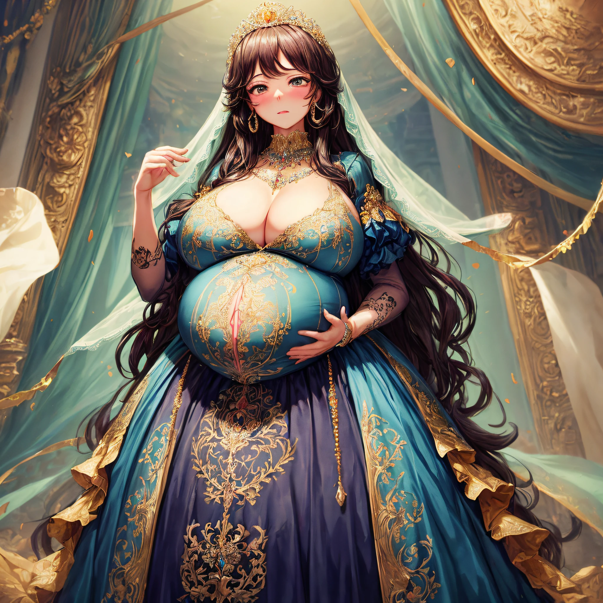 (masterpiece, best quality,extremely detailed:1.1),(moe anime art style:1.2),1girl,((full body,focus face)),((solo)), cute, kawaii,digital art,((1 bling-bling pregnant princess wearing beautiful embroidery and jeweled gorgeous rococo ballgown with jeweled voluminous full length hoop skirt)),(((heavily pregnant))),very big pregnant belly,((crinoline)),long train,voluminous frills,See-through,(gorgeous embroidery and beautiful lace),((very gigantic boobs,skindentation)),cleavage,shiny hair,(((very long hair))),((embarrassed)),anguish,((finely detailed face and eyes)),clear pupil,extremely gorgeousfull hair ornament,(bling-bling jeweled extremely gorgeousfull tiara),(bling-bling gorgeous gemstone jewelry),long veil,beautiful background,fantasy background,flowers,flower petals flowing,full body,((beautiful embroidery and jeweled ruffled gorgeous rococo ballgown with voluminous full length hoop skirt))