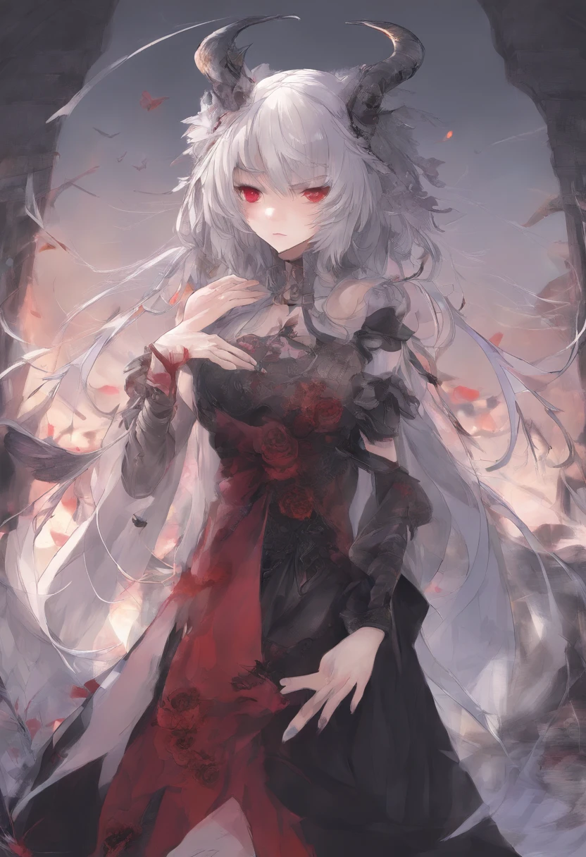 Dull hair, Gray hair,Red Eyes,Long whit hair,demonic horns,Broken maid clothes,Girl body type,Very cute,There are tears in the eyes,Behind it are the Devil's Wings,There was a little blood on his body,8K,Hands are not missing,Look into the camera,Empty eyes,Dynamic,destroyed city background