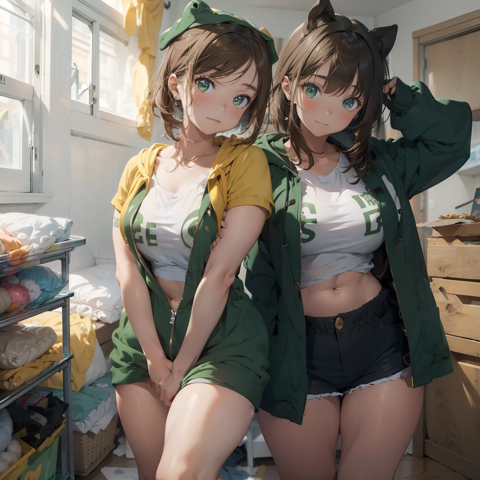 masterpiece, best quality,1girl,brown hair, short hair,green eyes, hood,open clothes,