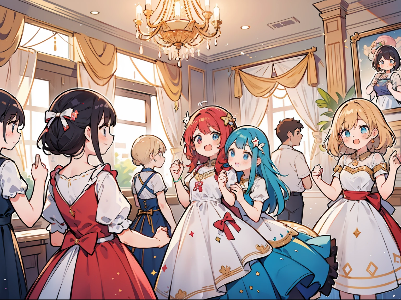 Multiple girls gathered at a party venue. It is decorated and becomes a very gorgeous room.. There is the word 100 at the top of the room.. Girls wear dress code to celebrate the party. Looks fun. Colorful. high-level image quality.
