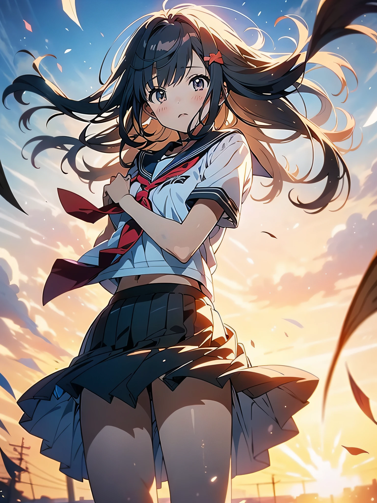 in 8K、top-quality、masterpiece、ultra-detailliert、Ultra-high resolution、(((Anime style)))、1 High School Girl、校服、School route、heavy wind、Check skirt、Skirt flipping in the wind、Slouched、Skirt suppression、Impatient、low angles