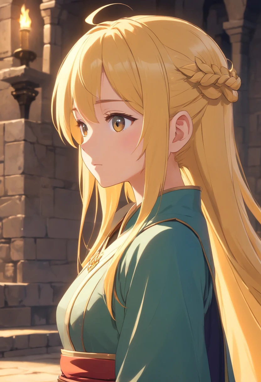 [tmasterpiece，Best quality，cinematic Film still from，HD animation，Realistic style，Amazing，Dark feeling，1 Loli girl with a faint smile，Yellow hair，Double ponytail hairstyle，(small boobs:0.8)，extreme eye detail，extreme hair detail，10years old，Solo，(The upper part of the body:0.8)，(Put on heavy knight armor and cloaks:0.9)::0.8]，[Stand inside a medieval castle in Europe::0.7]