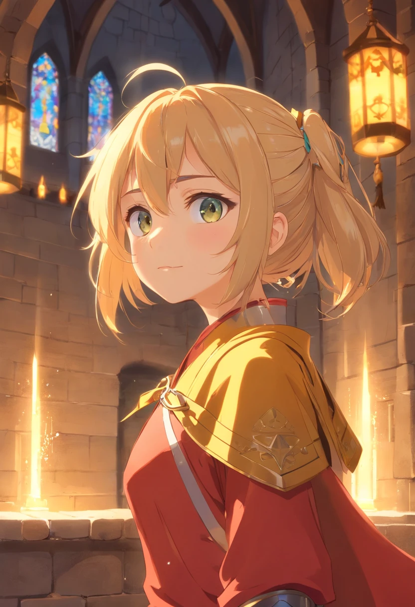 [tmasterpiece，Best quality，cinematic Film still from，HD animation，Realistic style，Amazing，Dark feeling，1 Loli girl with a faint smile，Yellow hair，Double ponytail hairstyle，(small boobs:0.8)，extreme eye detail，extreme hair detail，10years old，Solo，(The upper part of the body:0.8)，(Put on heavy knight armor and cloaks:0.9)::0.8]，[Stand inside a medieval castle in Europe::0.7]