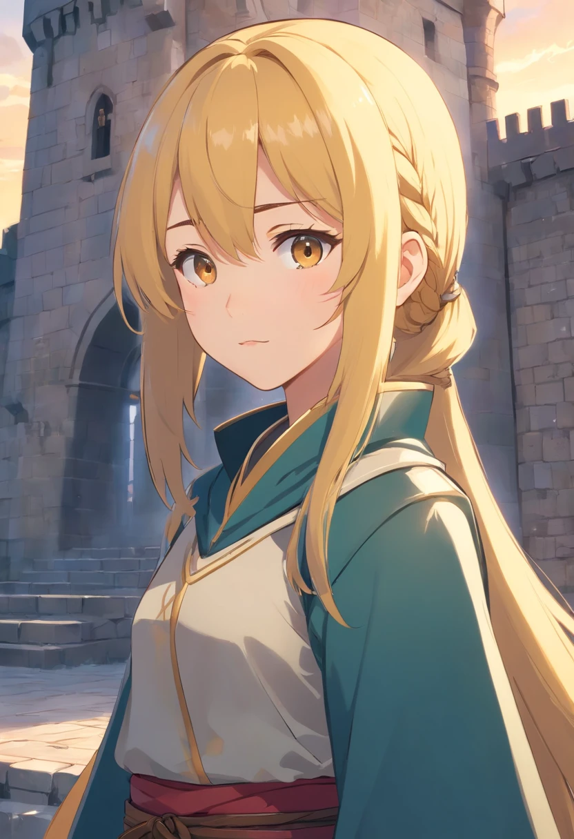 [tmasterpiece，Best quality，cinematic Film still from，HD animation，Realistic style，Amazing，Dark feeling，1 Loli girl with a faint smile，Yellow hair，Double ponytail hairstyle，(small boobs:0.8)，extreme eye detail，extreme hair detail，ars old，Solo，(The upper part of the body:0.8)，(Put on heavy knight armor and cloaks:0.9)::0.8]，[Stand inside a medieval castle in Europe::0.7]