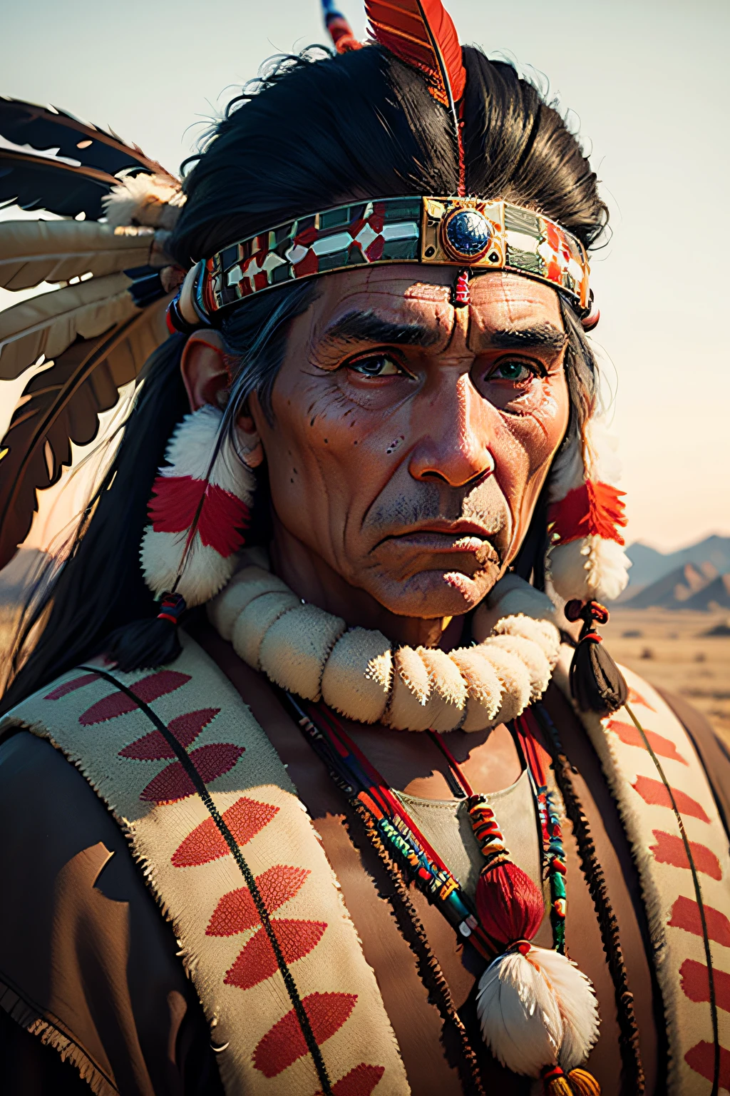 best quality, masterpiece, (photorealistic:1.4), RAW photo, 8k close-up photography, Large very old Comanche Indian chief with typical feather headdress. No beard or mustache.